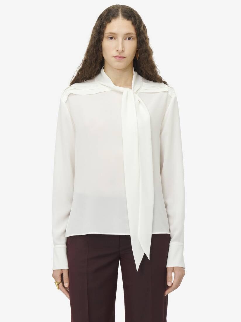 Alexander McQueen o1srvl11e0226 Scarf Detail Georgette Shirt In White Size L / US 10 / IT 46 - 2 Thumbnail