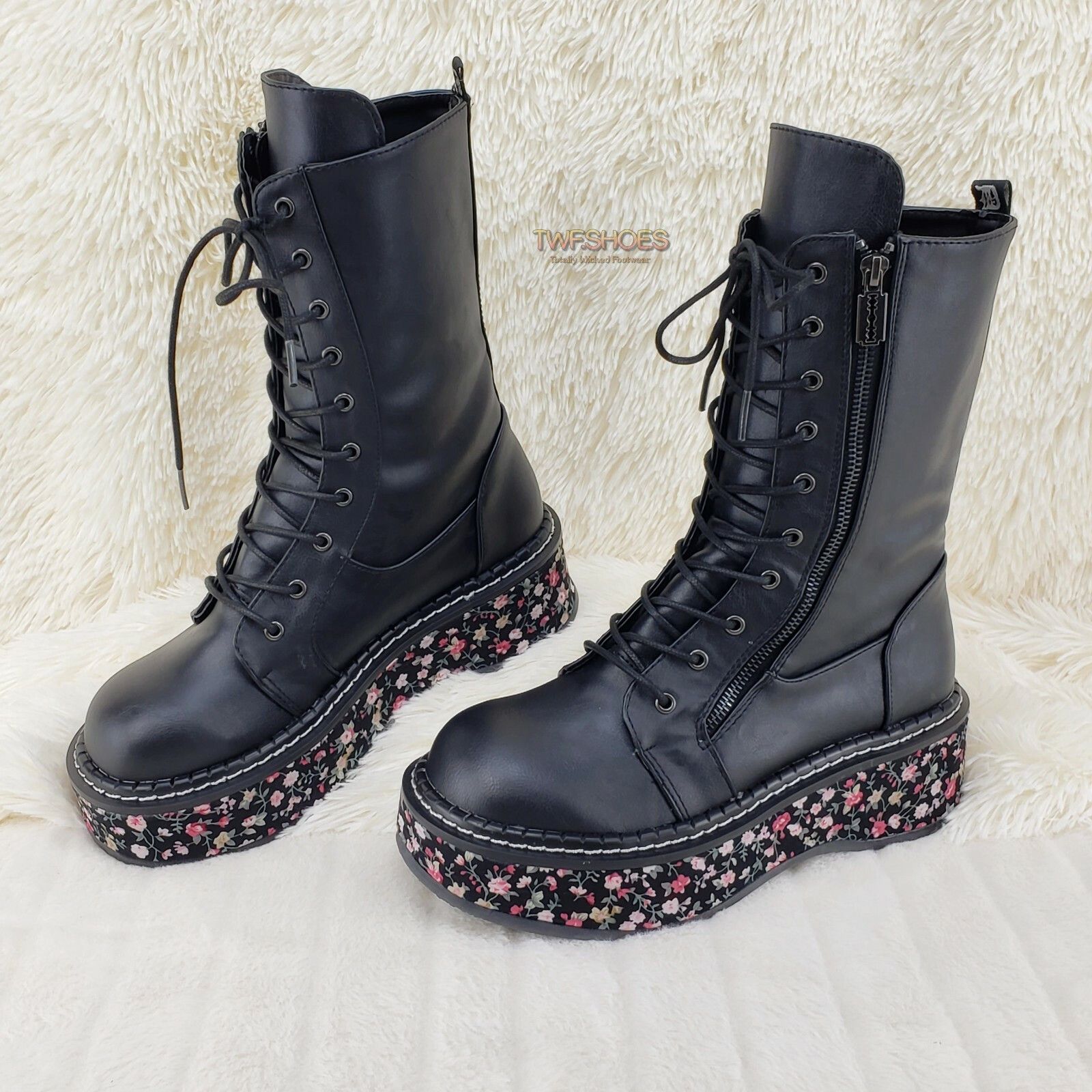 Other DEMONIA Emily 350 Black Matte Floral 2" Platform Combat Boot Size US 10 / IT 40 - 2 Thumbnail