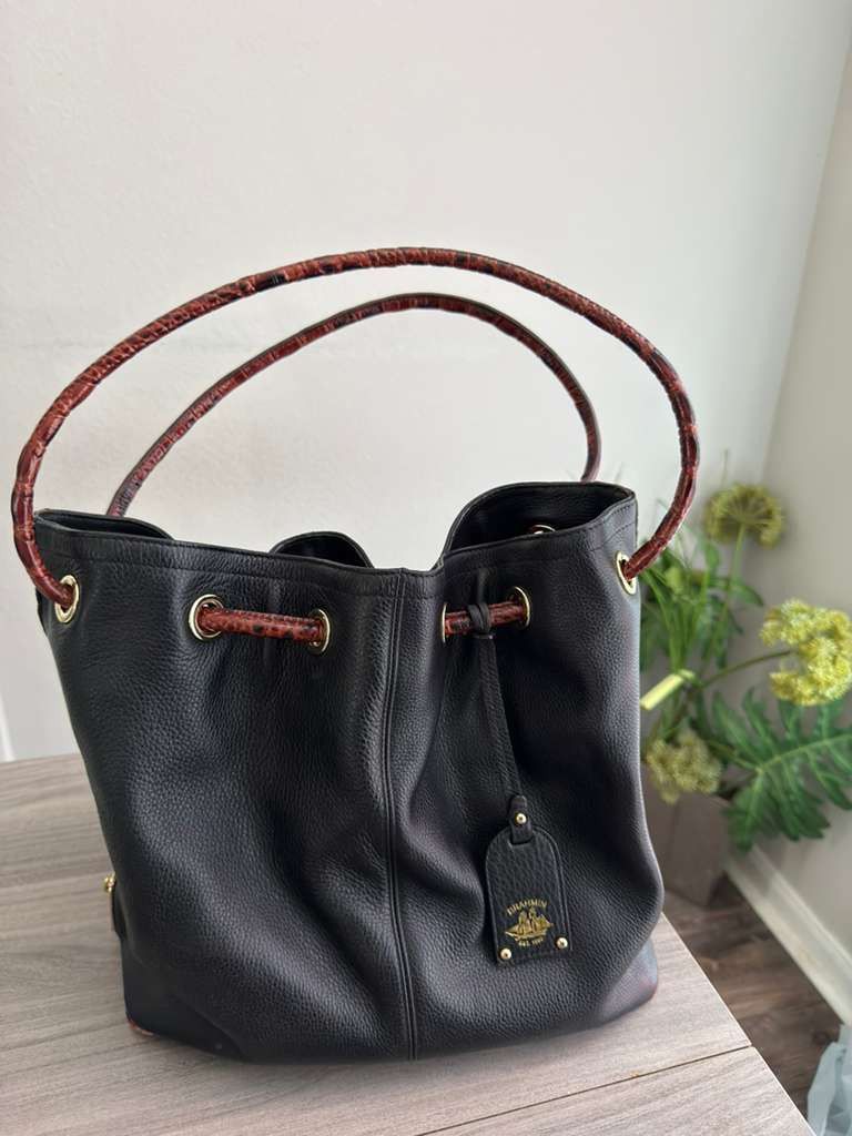 BRAHMIN Brahmin Black Bucket Tote Pebbled Leather Red Crocodile Trim Size ONE SIZE - 7 Thumbnail