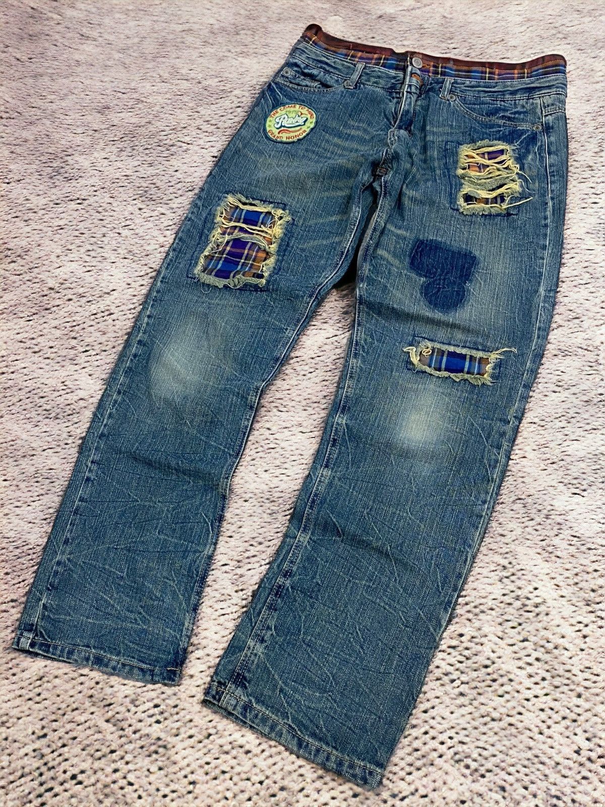 If Six Was Nine × Japanese Brand × Le Grande Bleu (L.G.B.) Grand Honor Denim Patchwork Tartan Distressed Double Waist Size US 31 - 1 Thumbnail
