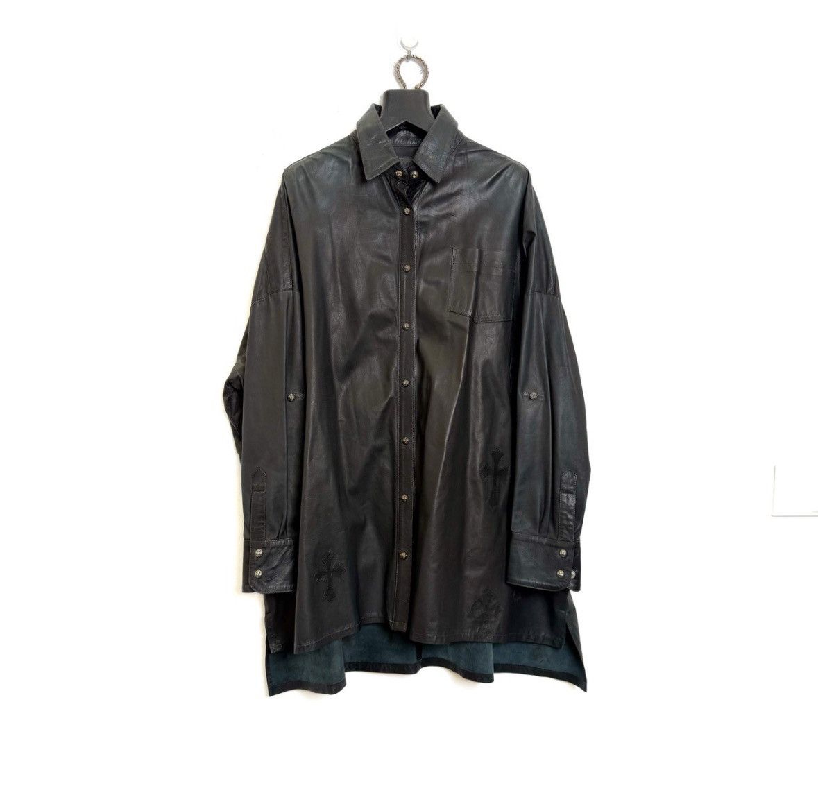 Leather cross patch leather button up shirt jacket