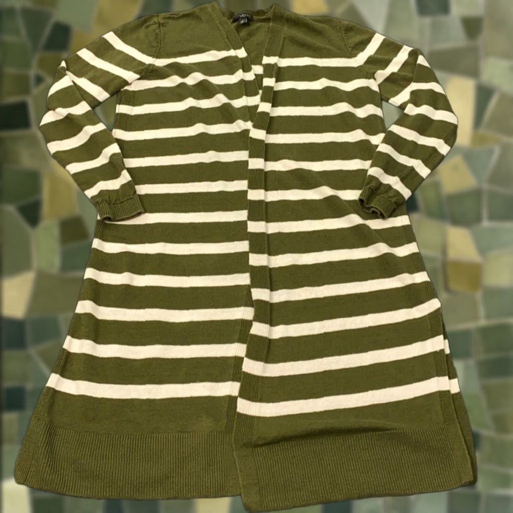Talbots Talbots Linen Cardigan Sweater Womens Petite Small Green Striped Open Front Size S / US 4 / IT 40 - 1 Thumbnail