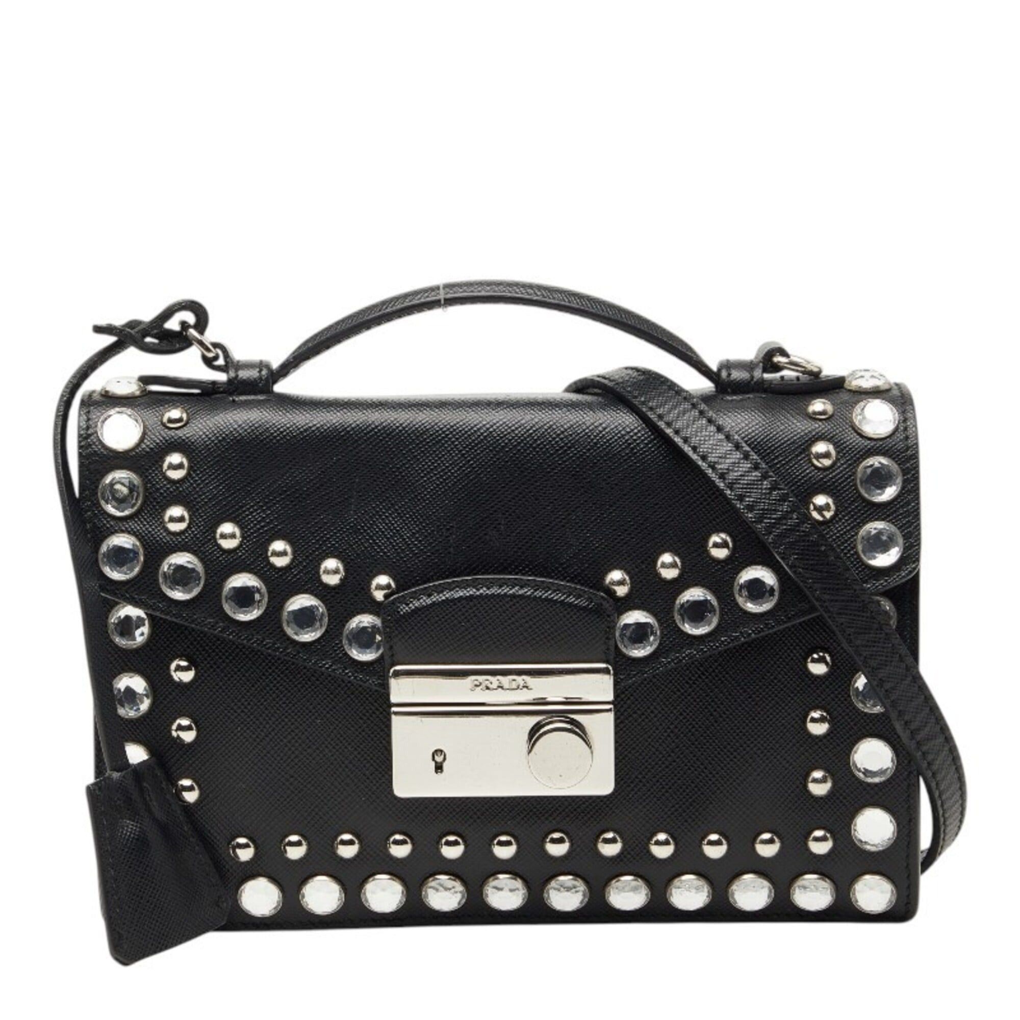 Prada Prada Studded Handbag Shoulder Bag 2-Way Black Saffiano Leather with Rhinestones Women's PRADA Size ONE SIZE - 1 Thumbnail