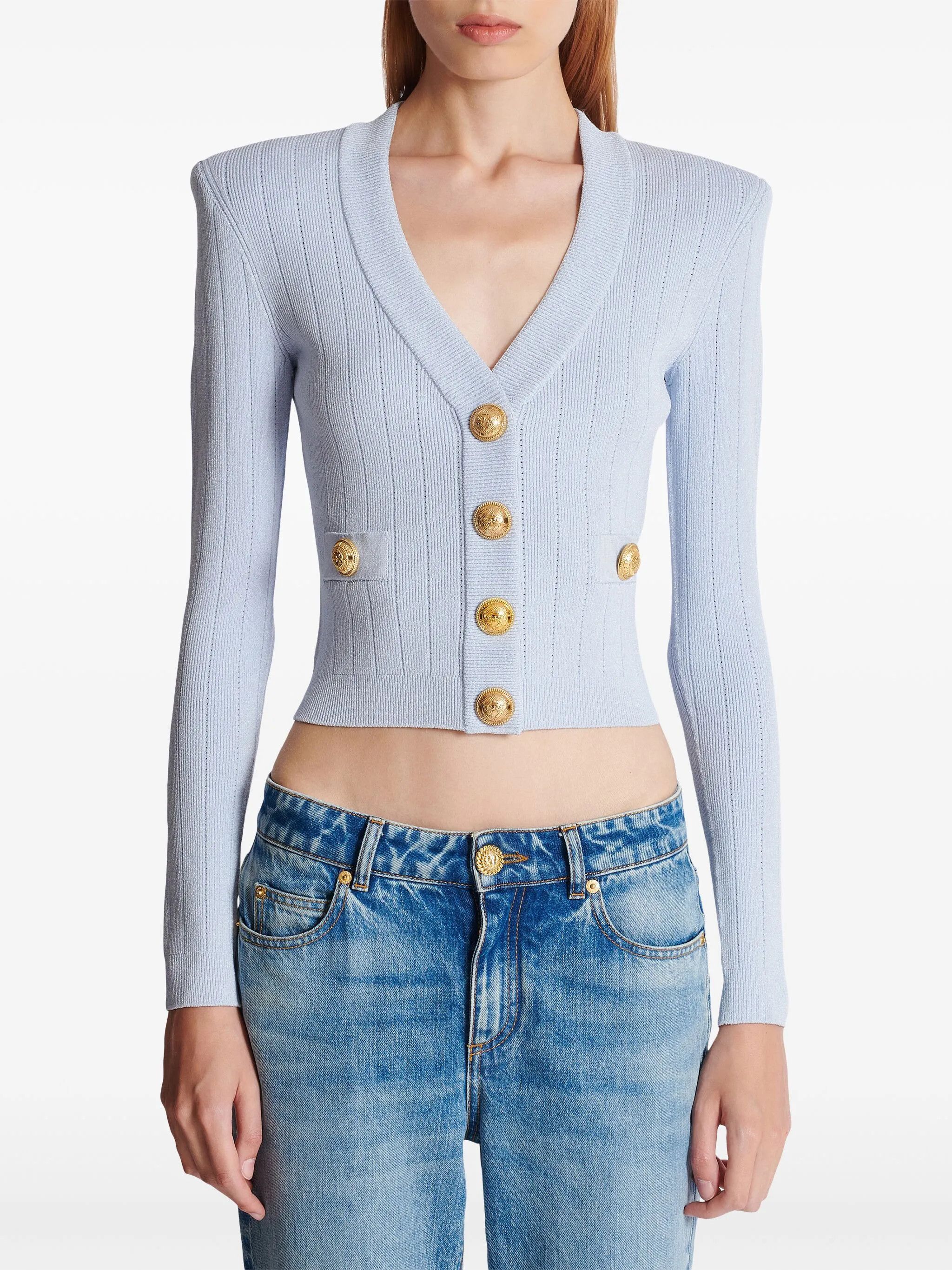 Balmain o1srvl11e1125 Engraved Button Cardigan in Light Blue Size L / US 10 / IT 46 - 5 Thumbnail