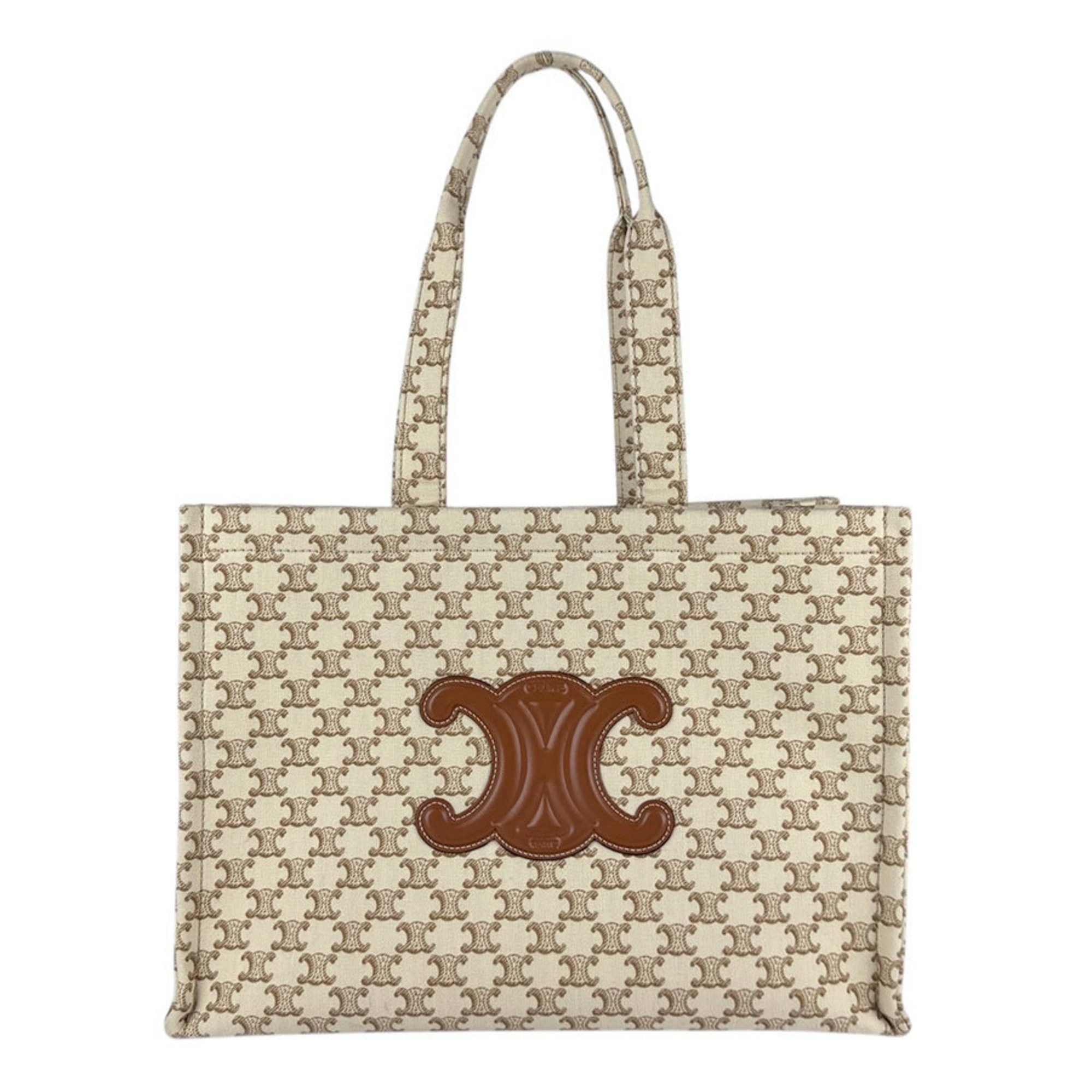 Celine Tote Bag Shoulder Large Cabatais Canvas Beige Brown Women's Z5192