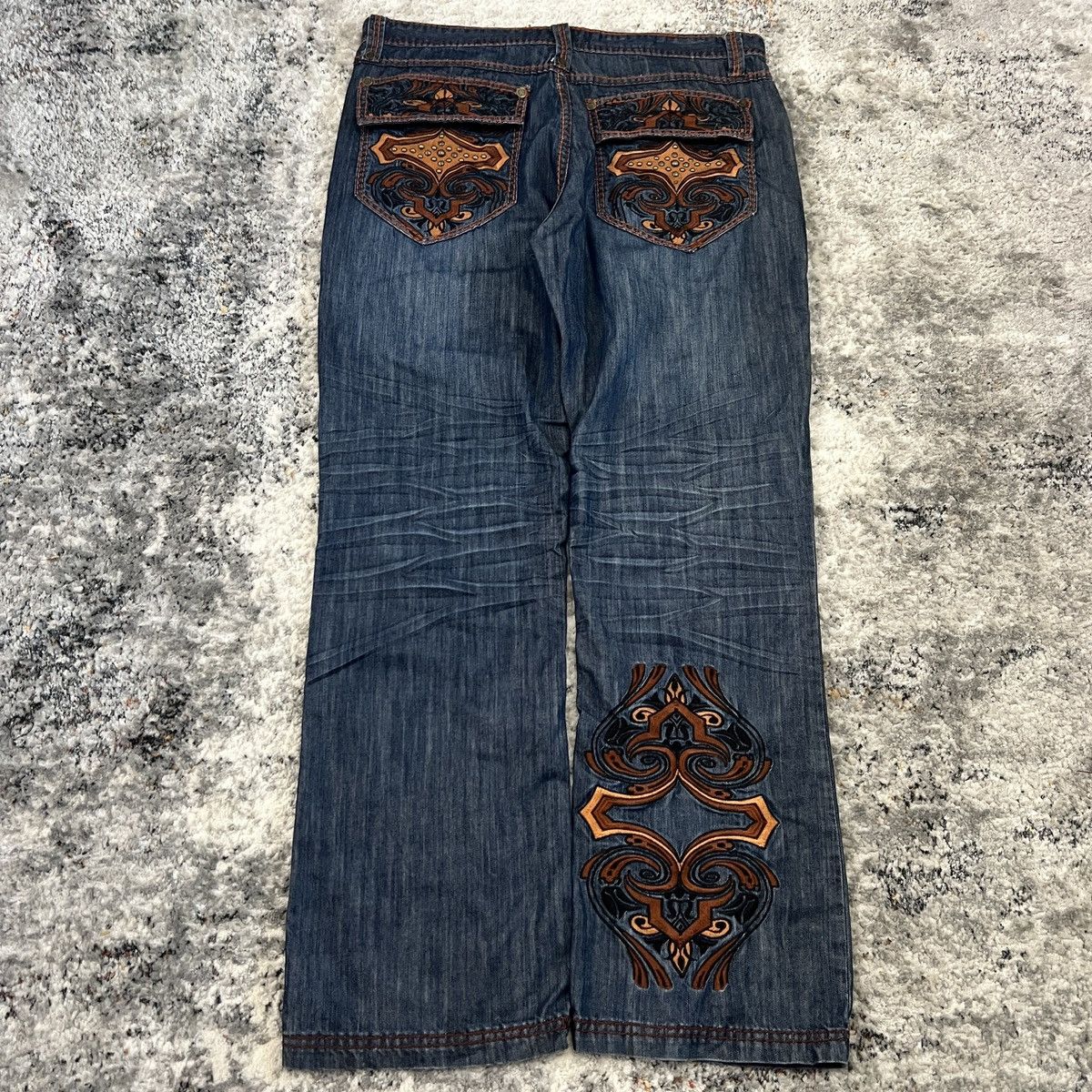 Pre-owned Jnco X Vintage Crazy Vintage Y2k Tribal Style Embroidered Baggy Jeans In Navy