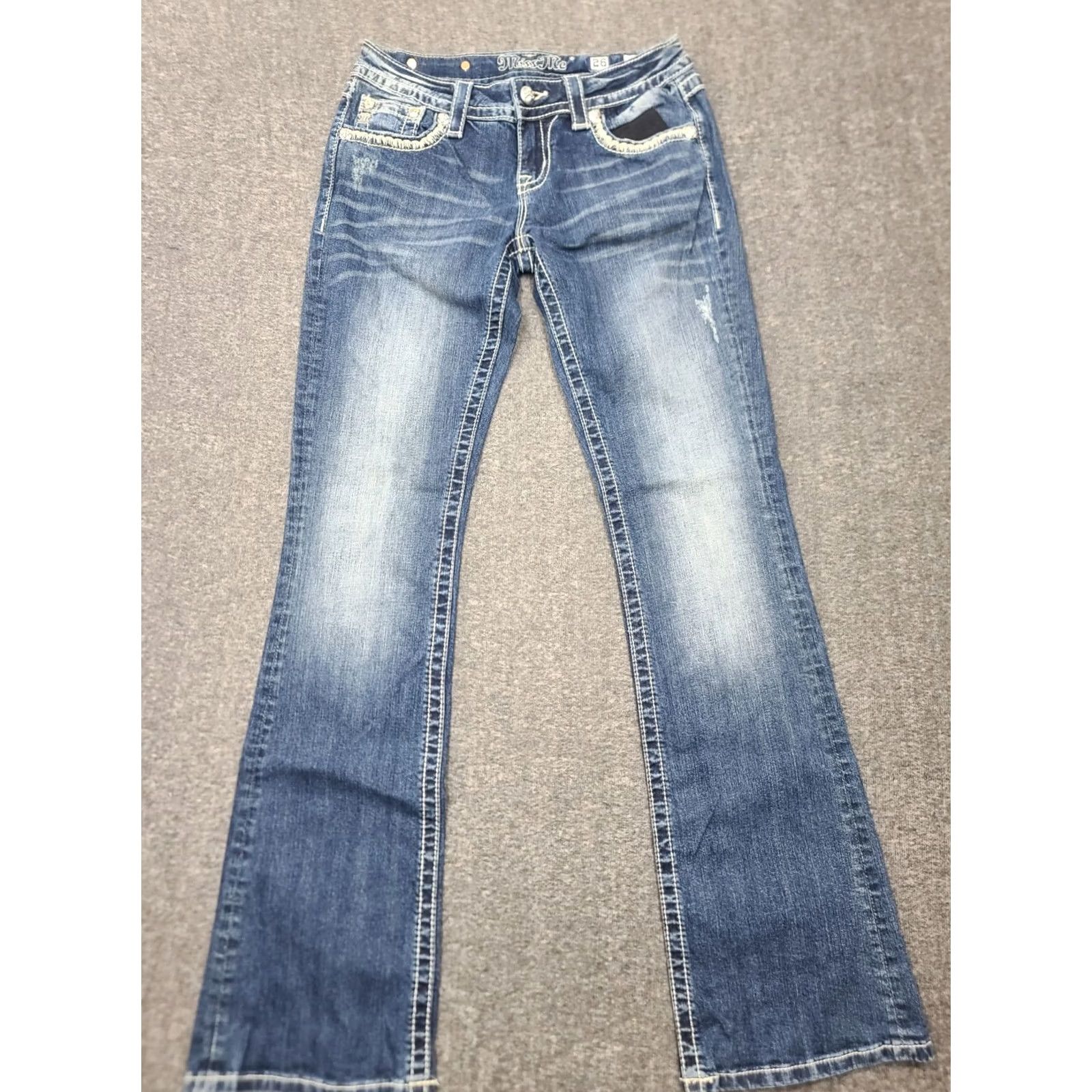 Miss Me Miss Me Jeans Relaxed Bootcut 26x33 Denim Blue Heavy Stitch 5-Pocket Embroidered Rhinestone Womens Jeans Size 26" / US 2 / IT 38 - 2 Thumbnail