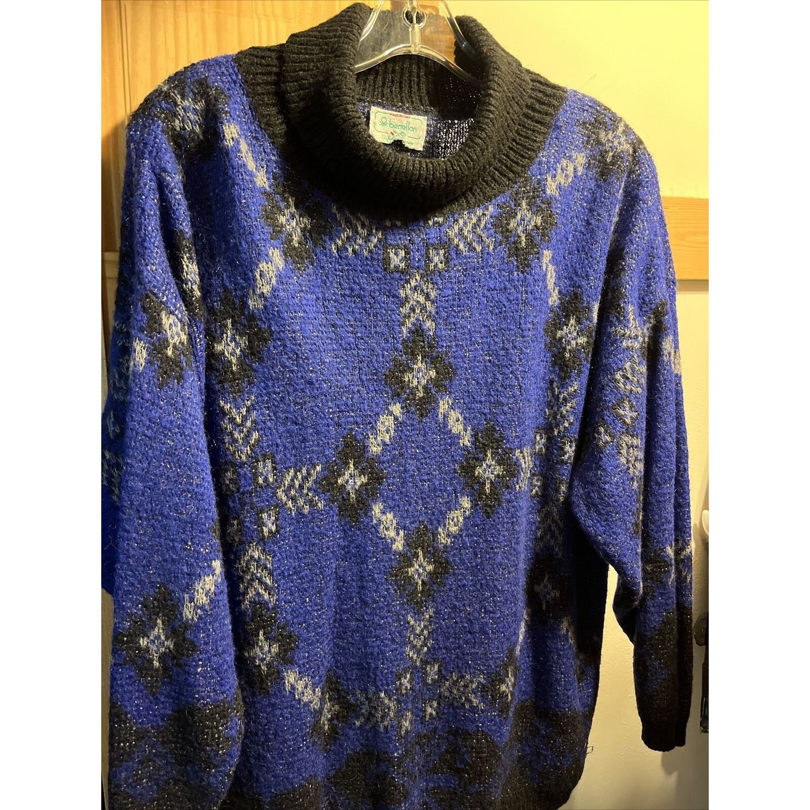 United Colors Of Benetton Benetton VTG L 46 Blue Argyle Acrylic Mohair Nylon Sweater Size L / US 10 / IT 46 - 8 Thumbnail
