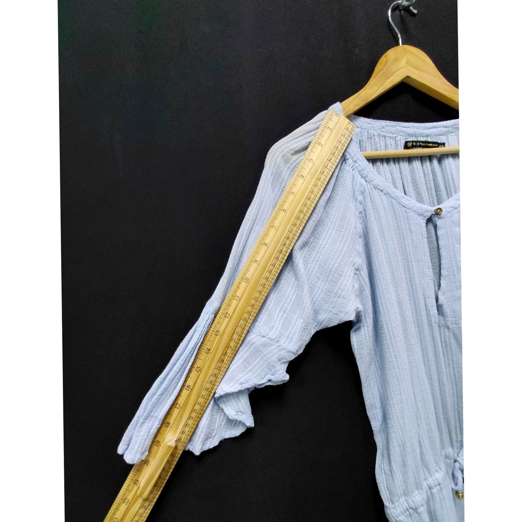 Vintage VIX PAULA HERMANNY Blue Tunic Top 3/4 Sleeve Knit Blouse Womens M Solid Drawstring Scoop Neck Bell Sleeve Casual Travel Seasonal Size M / US 6-8 / IT 42-44 - 6 Thumbnail