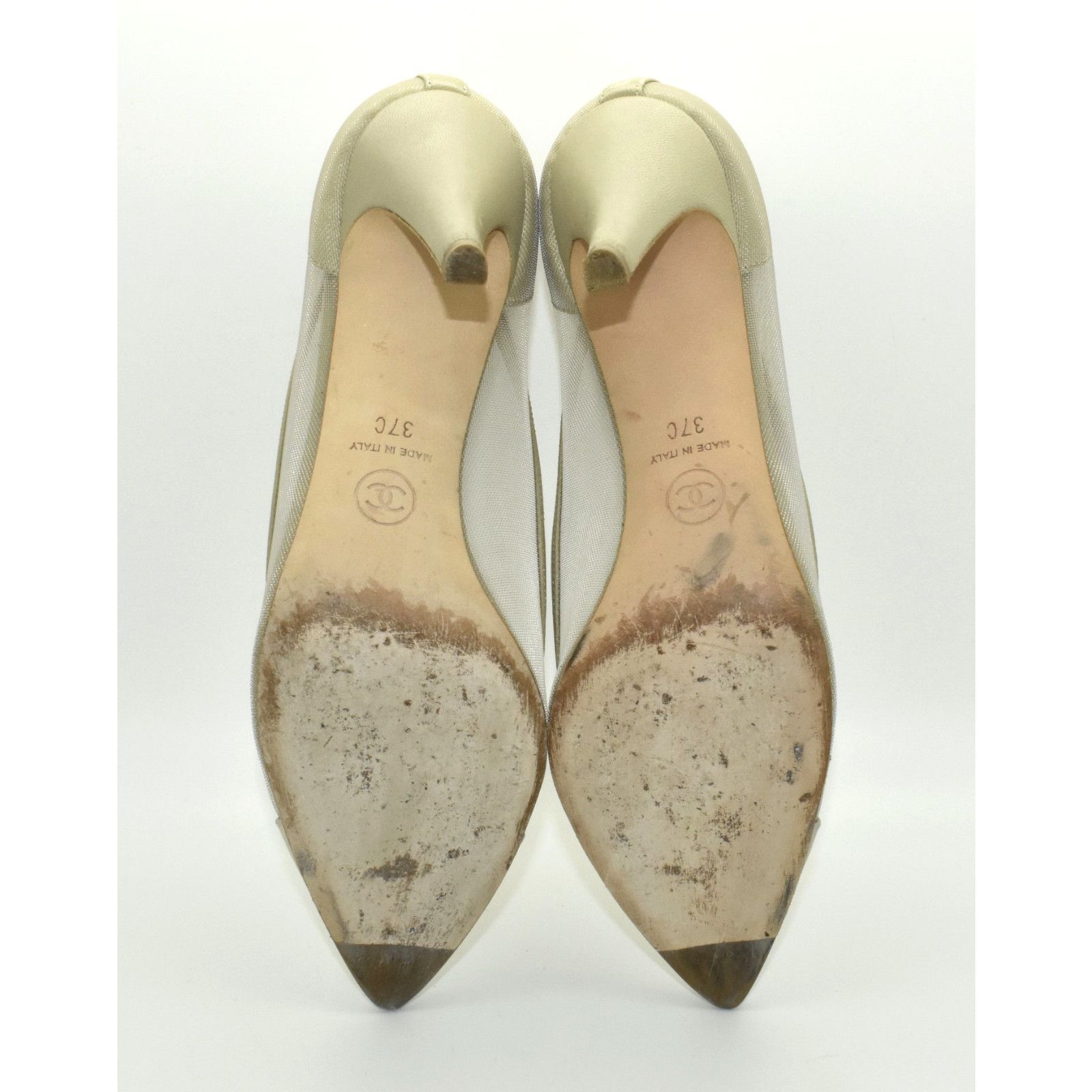 Chanel CHANEL Mesh & Leather Gold Cap Toe Back CC Logo Pump Sz 37C Size US 6.5 / IT 36.5 - 8 Thumbnail