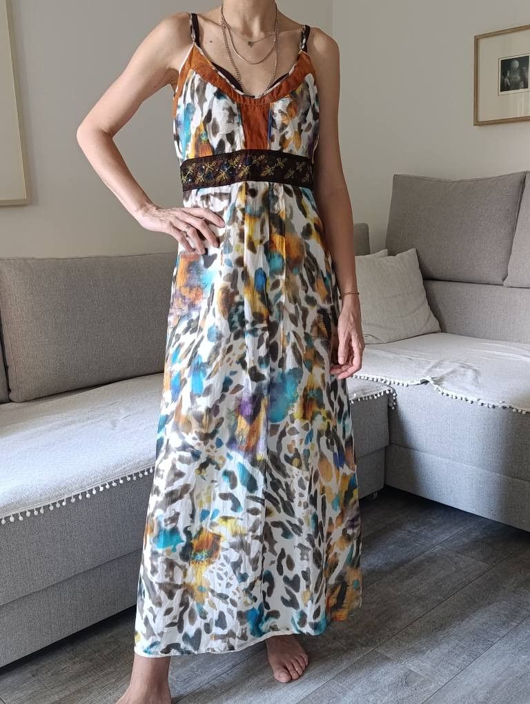 Luisa Cerano Silk Cotton Maxi Dress Watercolor Embroidery