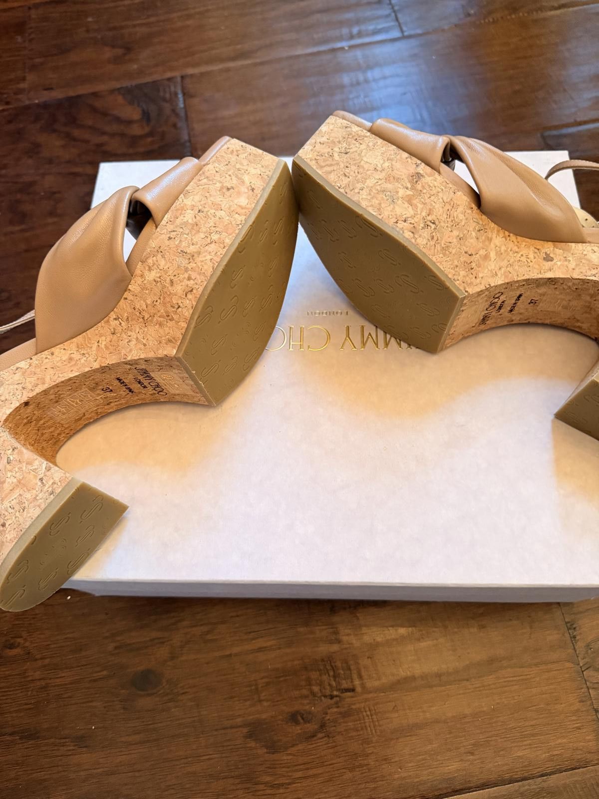 Jimmy Choo Jimmy Choo Beige Leather Platform Sandals with Cork Heel Size US 7 / IT 37 - 6 Thumbnail