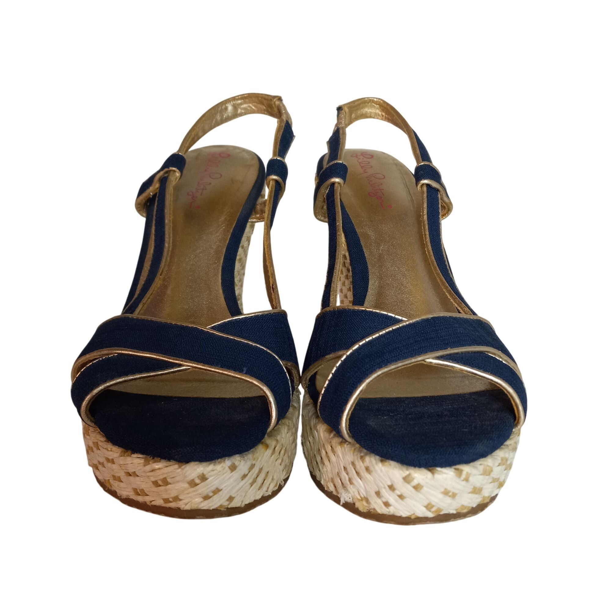 Lilly Pulitzer Lilly Pulitzer 8.5M Sandals Ashley Wedge Canvas Navy Gold Es Size US 8.5 / IT 38.5 - 2 Thumbnail