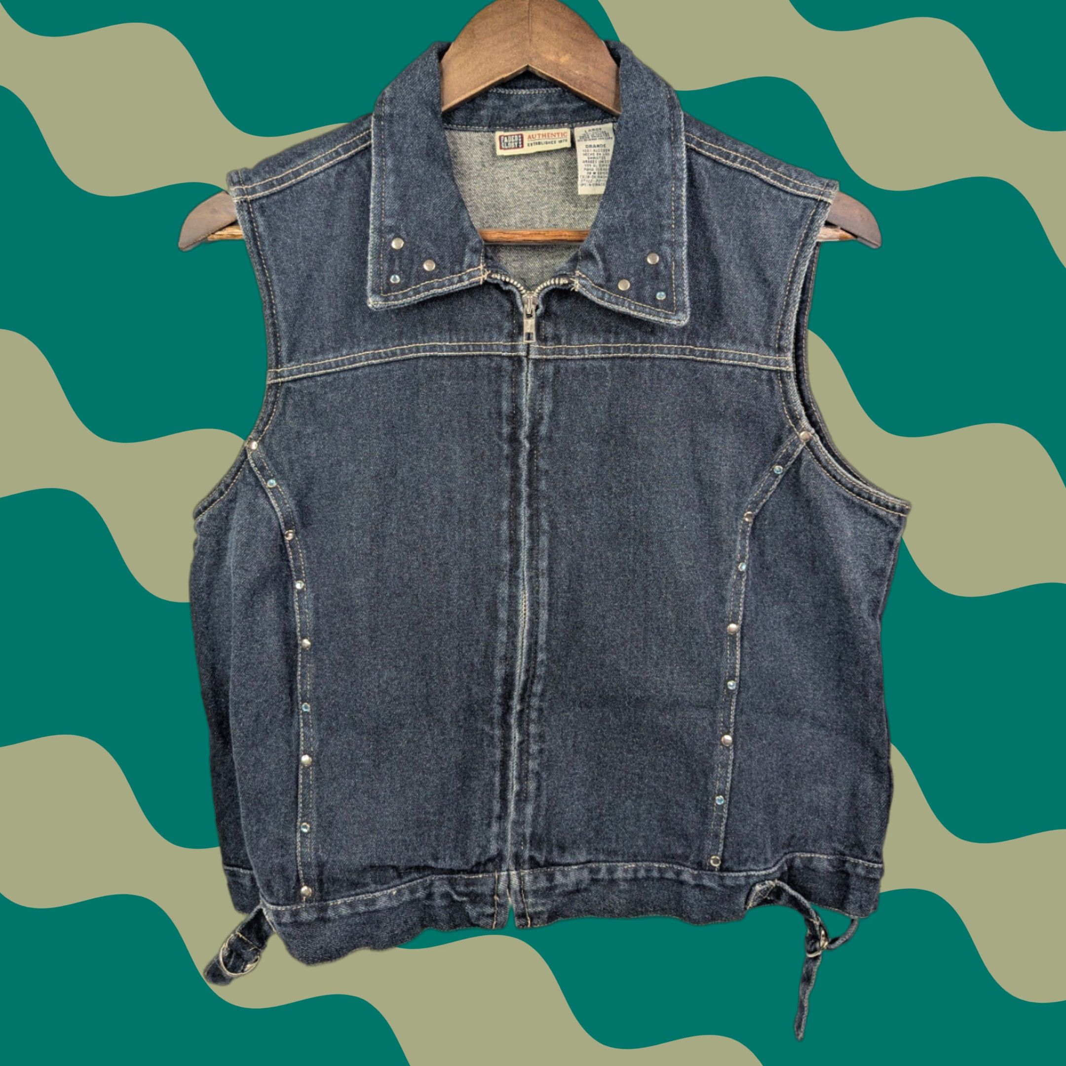 Faded Glory VINTAGE Faded Glory Denim Vest Womens Large Studded Rhinestone Adjustable Jacket/Coat Short Sleeveless Blue 90s Womens Vest Size L / US 10 / IT 46 - 1 Thumbnail