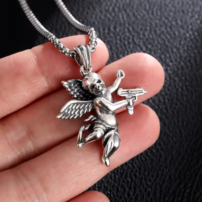 Jewelry Goth Devil Skull Angel Holding Machine Gun Pendant Necklace Size ONE SIZE - 2 Thumbnail