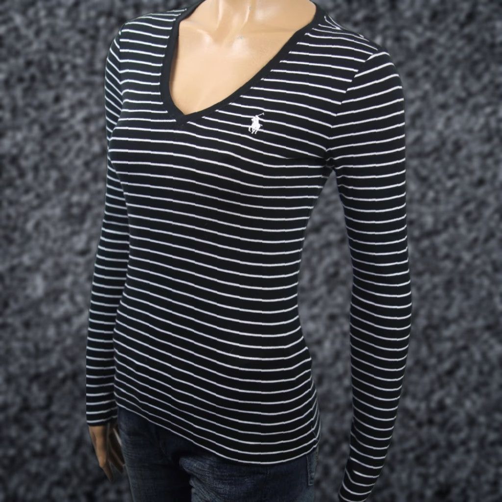 Polo Ralph Lauren Ralph Lauren Black White Striped Long Sleeve Knit Top Shirt V-Neck NWT Size M / US 6-8 / IT 42-44 - 1 Preview