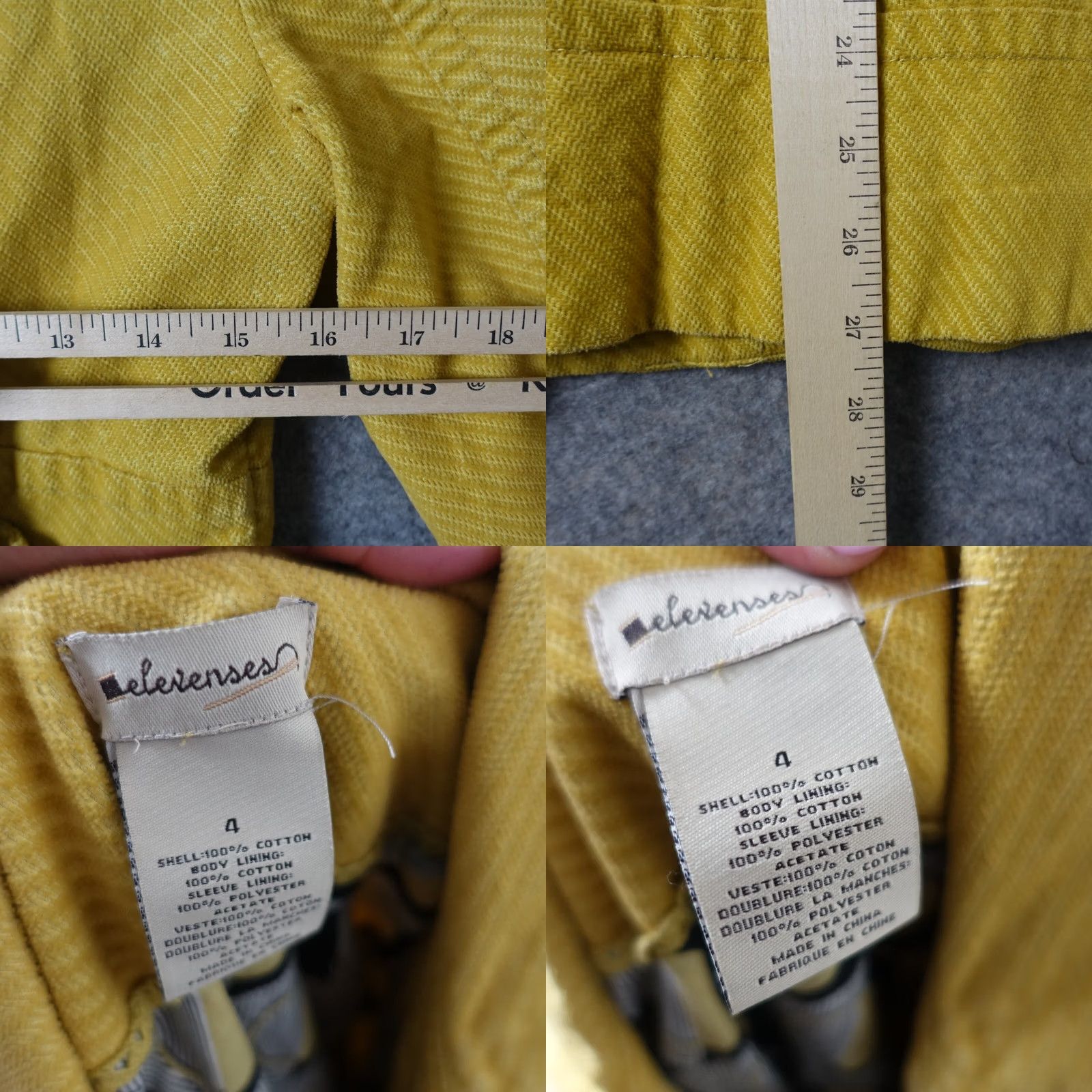 Anthropologie Elevenses Jacket Mens 4 Yellow Trench Coat Corduroy VTG Pattern Solid Long Sleeve Button Zip Casual Travel All Seasons Pockets 90s Classic Size S / US 4 / IT 40 - 9 Thumbnail