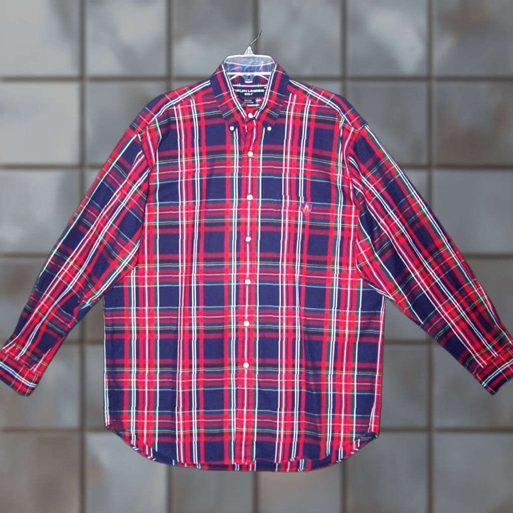 VINTAGE Ralph Lauren Flannel Shirt Men Large Red Plaid Cotton LS