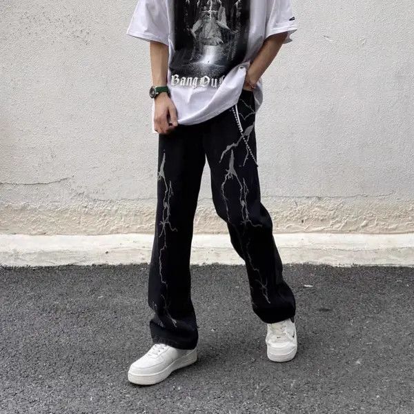 Japanese Brand Black retro lightning print straight wide leg jeans Size US 30 / EU 46 - 7 Thumbnail