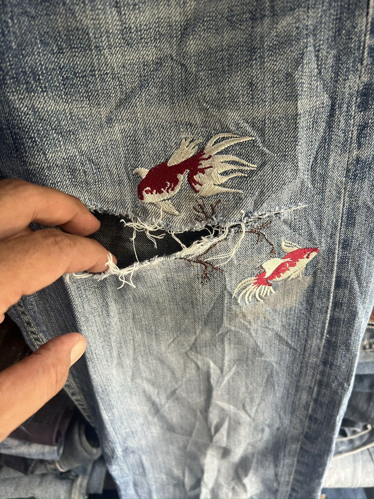 Takeo Kikuchi 🔥Vintage Takeo Kikuchi Embroidery Koi Fish Distressed Denim Size US 33 - 9 Thumbnail