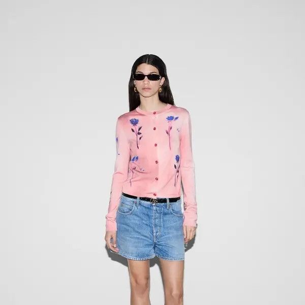 Gucci o1la5ras0526 Floral Print Fine Wool Silk Cardigan in Pink Size L / US 10 / IT 46 - 3 Thumbnail