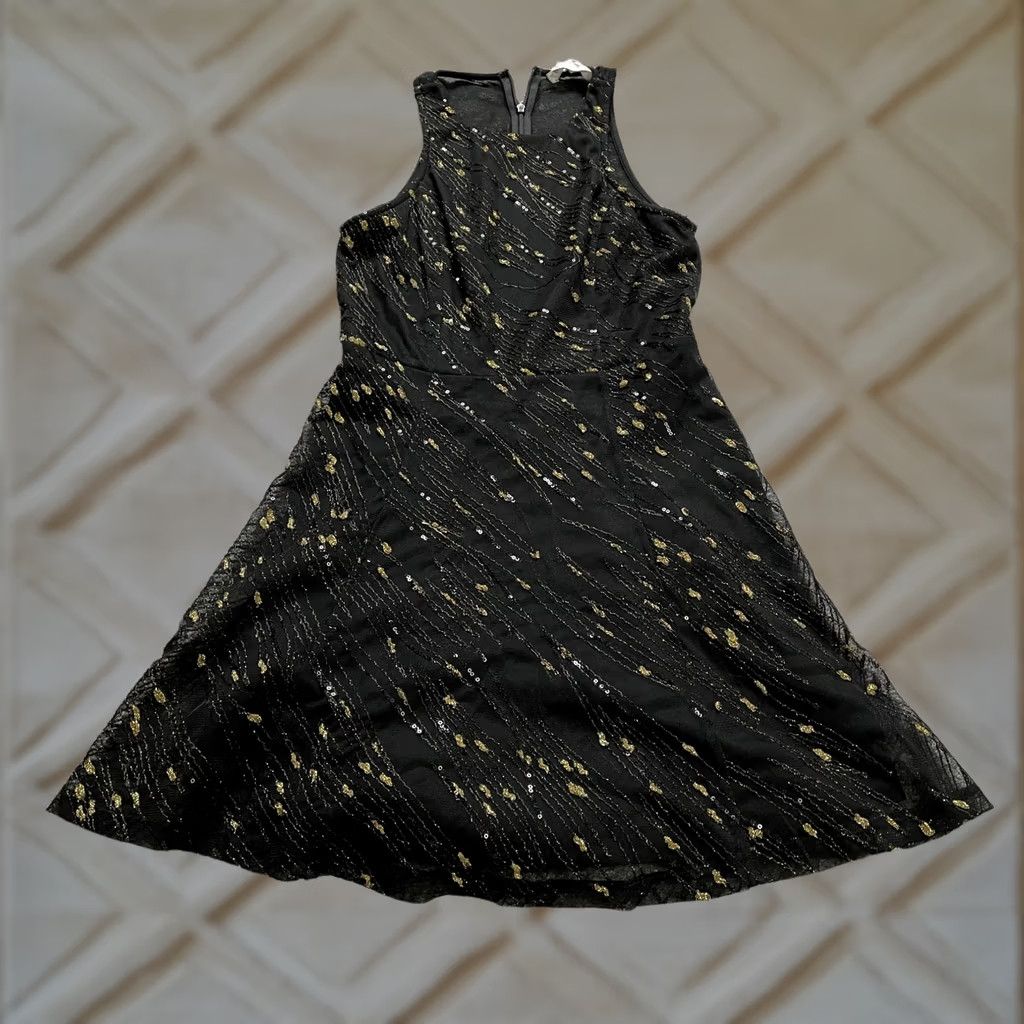 BCBGeneration BCBGMAXAZRIA A-Line Dress Womens 4 Black with Gold Flecks Sequins Midi Zip Up VINTAGE No Size S / US 4 / IT 40 - 1 Thumbnail