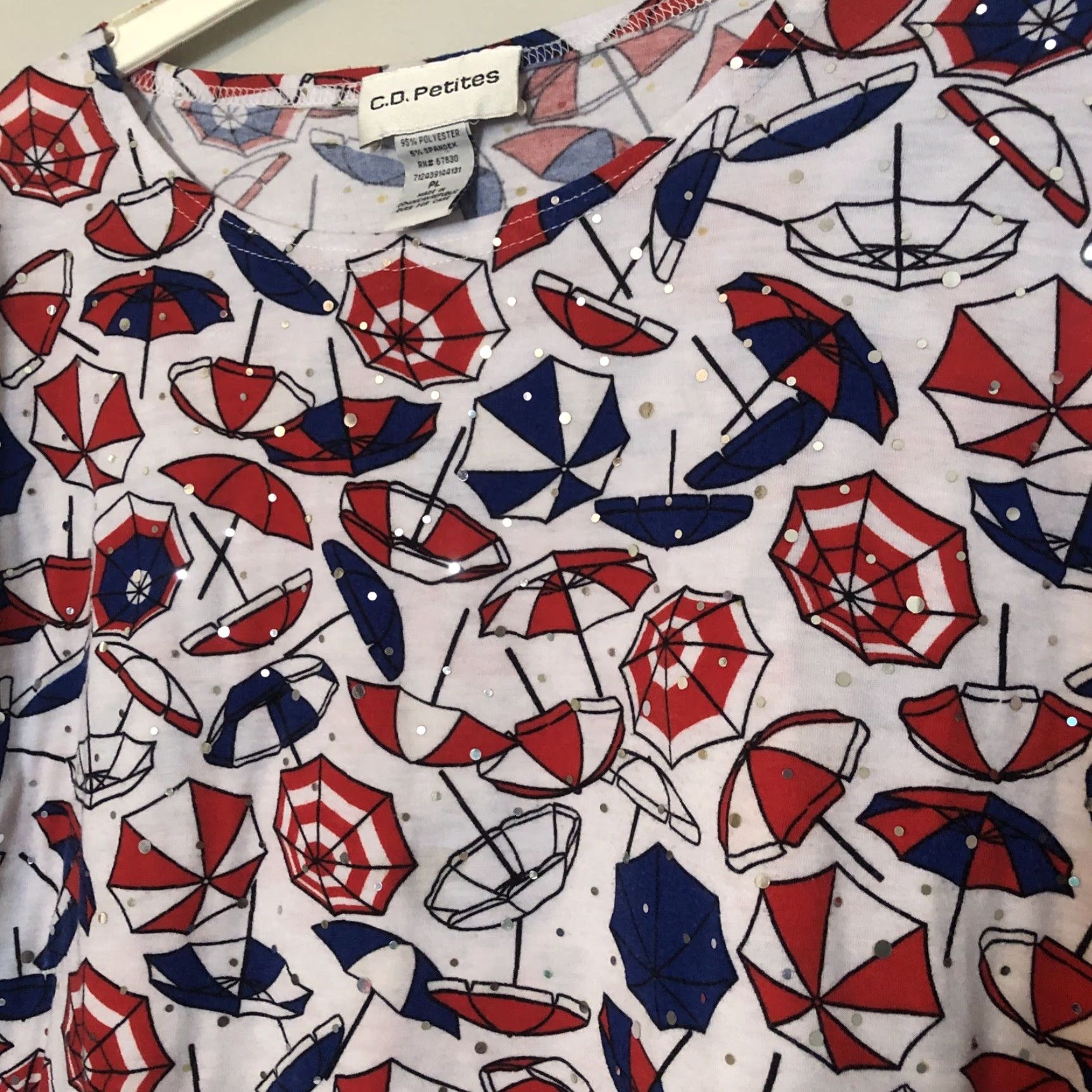 Vintage Cathy Daniels Petites Red White Blue Shiny Beach Umbrella Top Tee Sz L Cruise Size L / US 10 / IT 46 - 2 Thumbnail