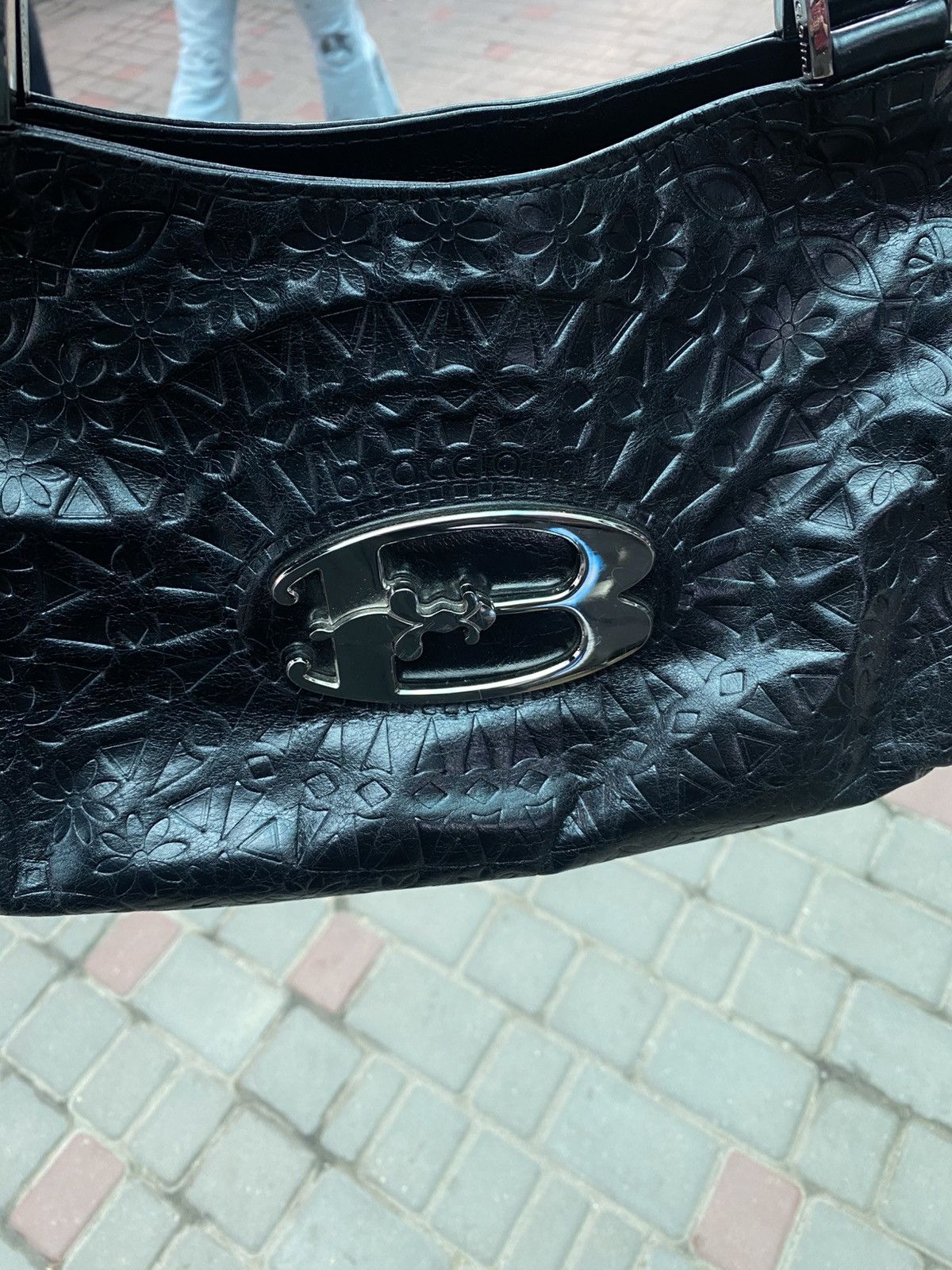Vintage Rare Retro Braccialini Black Embossed Leather Handbag Bag Size ONE SIZE - 2 Thumbnail