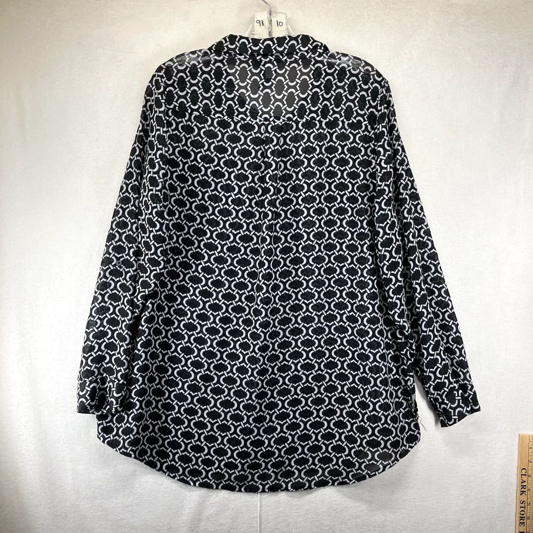 Vintage Lane Bryant Women’s Blouse Shirt 14 Black White Chain Designer Print Sheer Gothic Casual Long Sleeve Button Up Collared Breathable Polyester Modern Size XL / US 12-14 / IT 48-50 - 2 Thumbnail