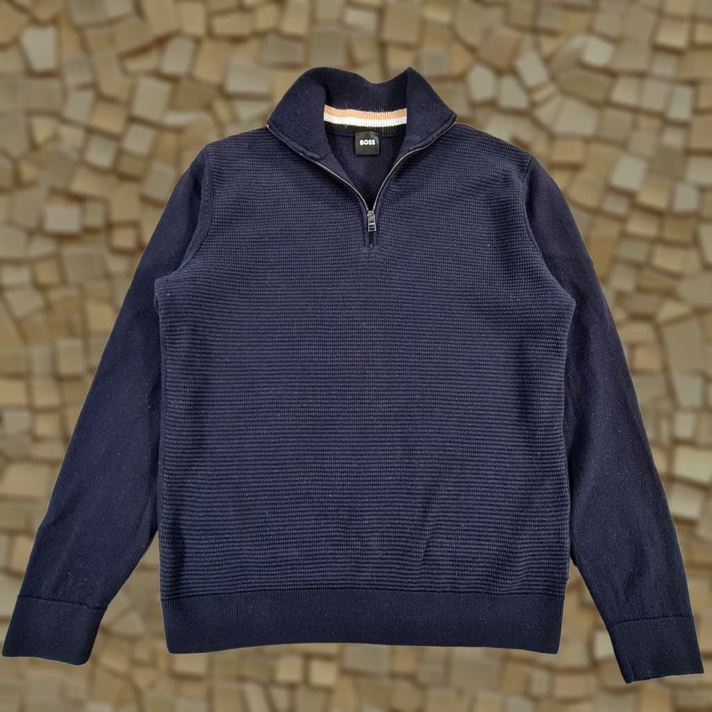 Hugo Boss HUGO BOSS Jumper Navy Blue Medium Slim Wool 1/4 Zip Pullover Mens Regular Knit Mock Neck Long Sleeve Size US M / EU 48-50 / 2 - 1 Thumbnail