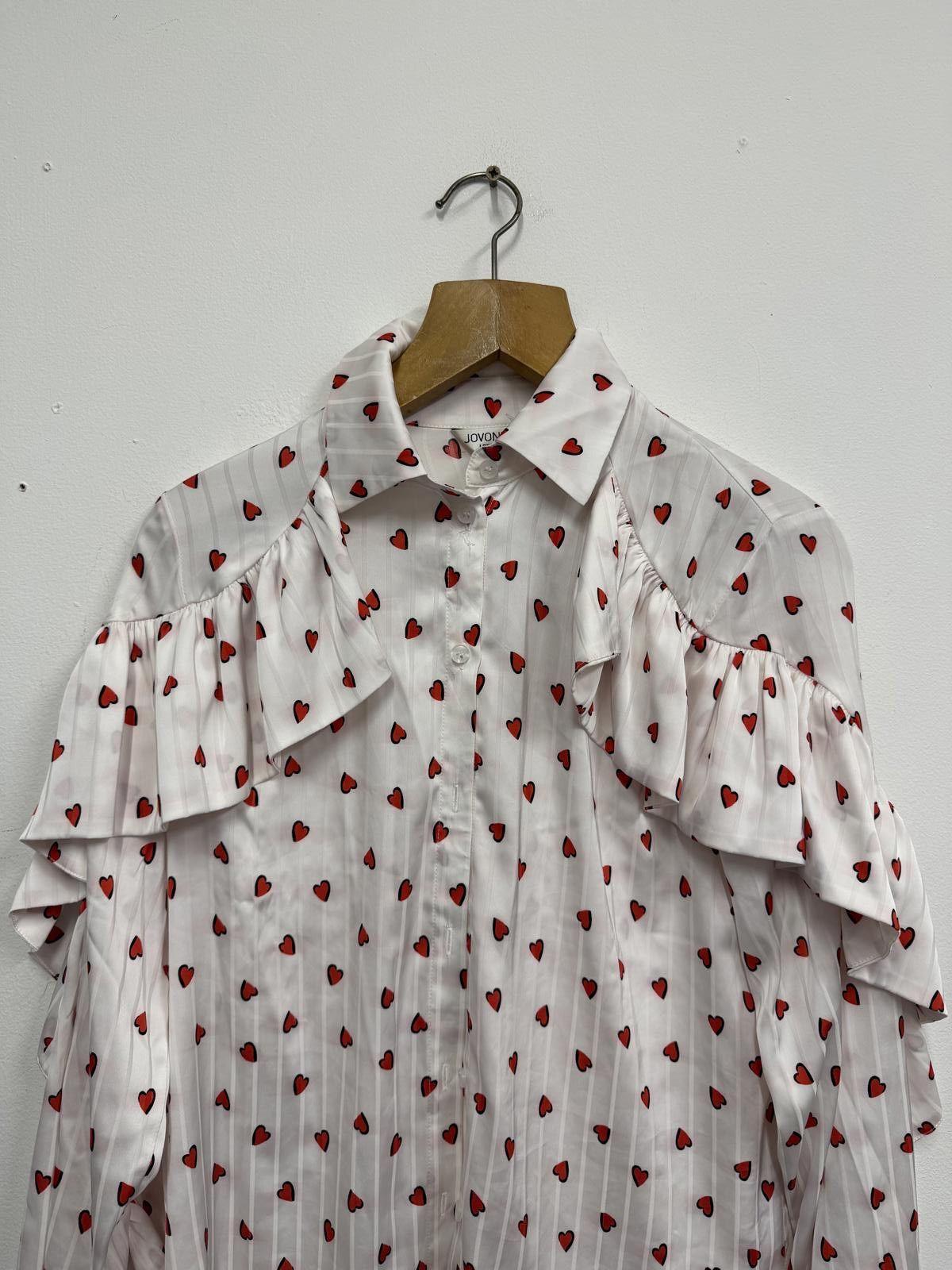Unknown London White Blouse with Red Heart Print and Ruffle Sleeves Size XS / US 0-2 / IT 36-38 - 3 Thumbnail
