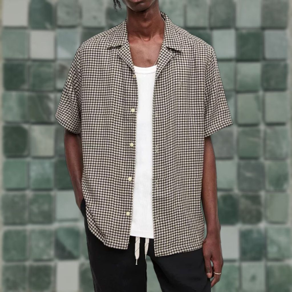 ALLSAINTS Shirt XL Grey Black Plaid Wool Blend Camp Collar Button-Up Short Sleeve Men