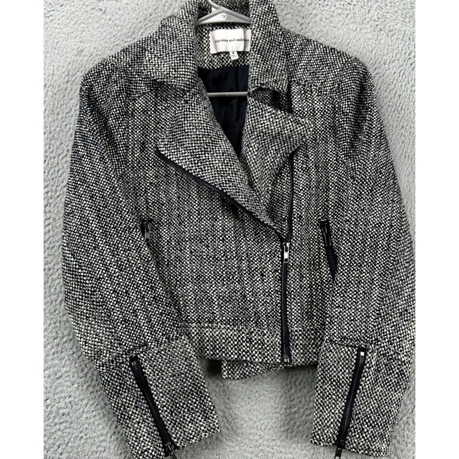 Vintage Cupcakes and Cashmere Jacket Womens Small Black White Wool Blend Tweed Moto Ladies Size S / US 4 / IT 40 - 4 Thumbnail