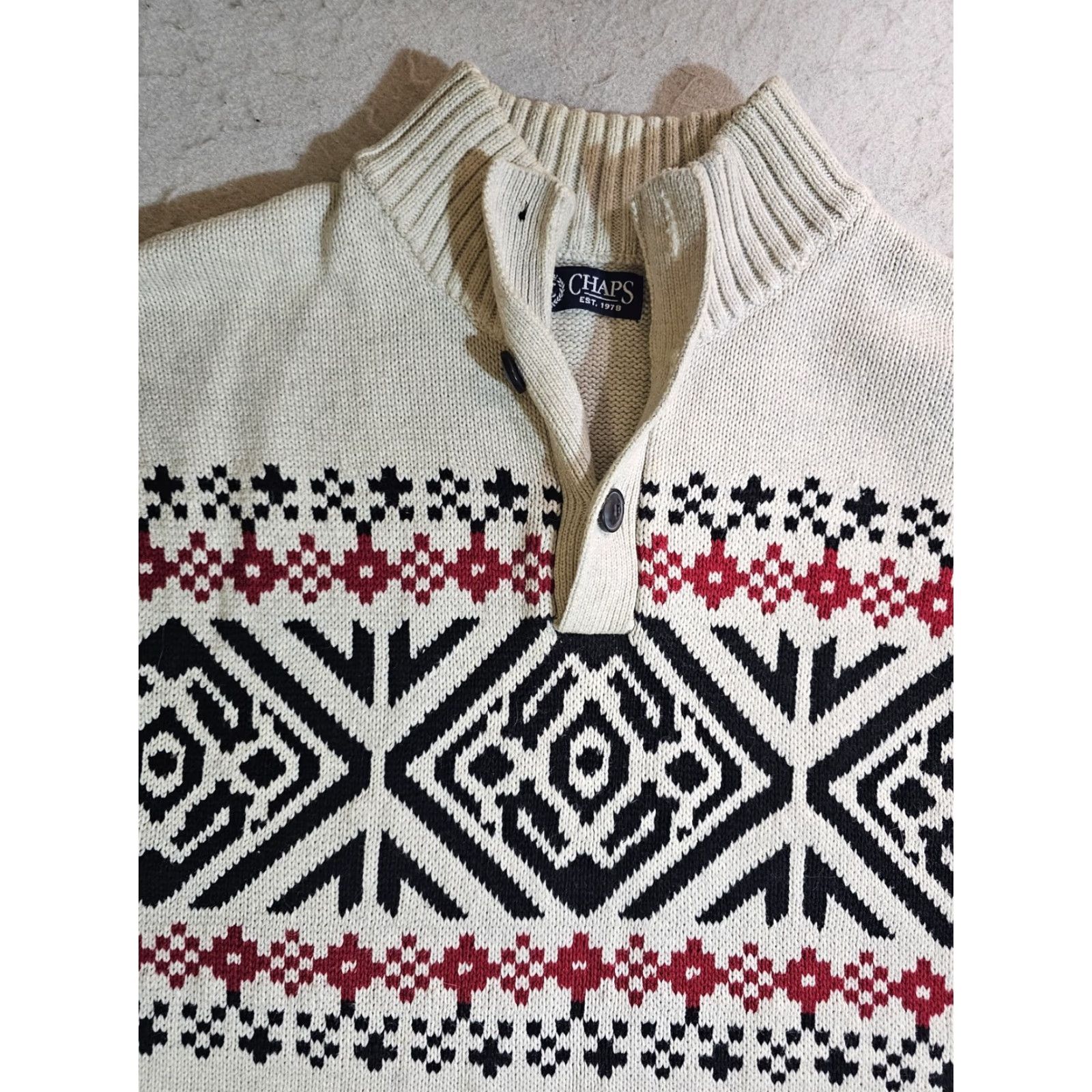Chaps VINTAGE Chaps Ralph Lauren Sweater Nordic 1/4 Button Mock Neck 2XL Cream Black Red Pattern Mens Size US XXL / EU 58 / 5 - 3 Thumbnail