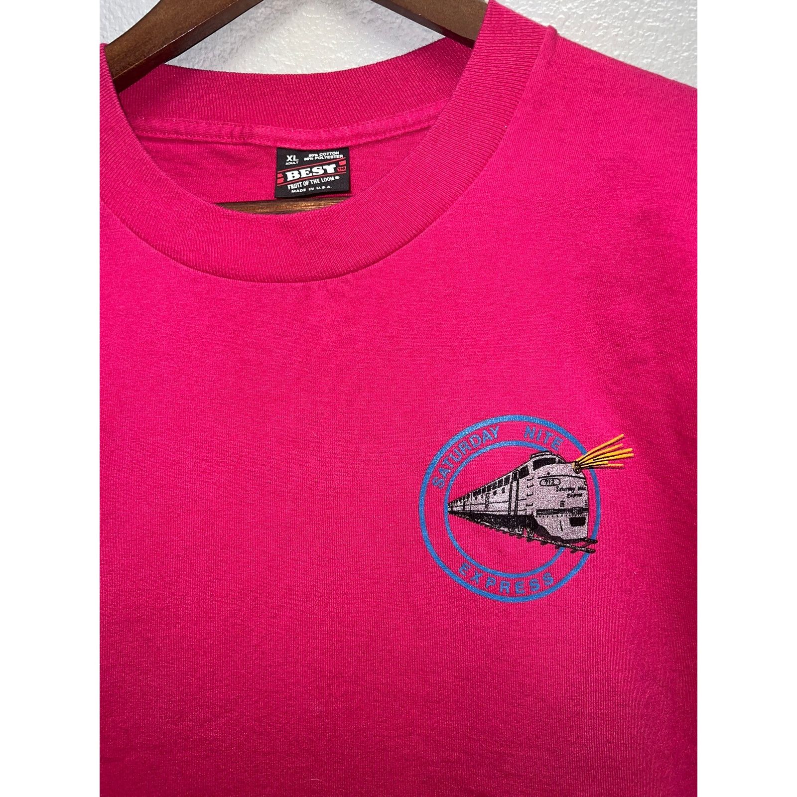 Fruit Of The Loom Vintage Saturday Nite Express Shirt Night Pink Tee 90s XL Size US XL / EU 56 / 4 - 2 Thumbnail
