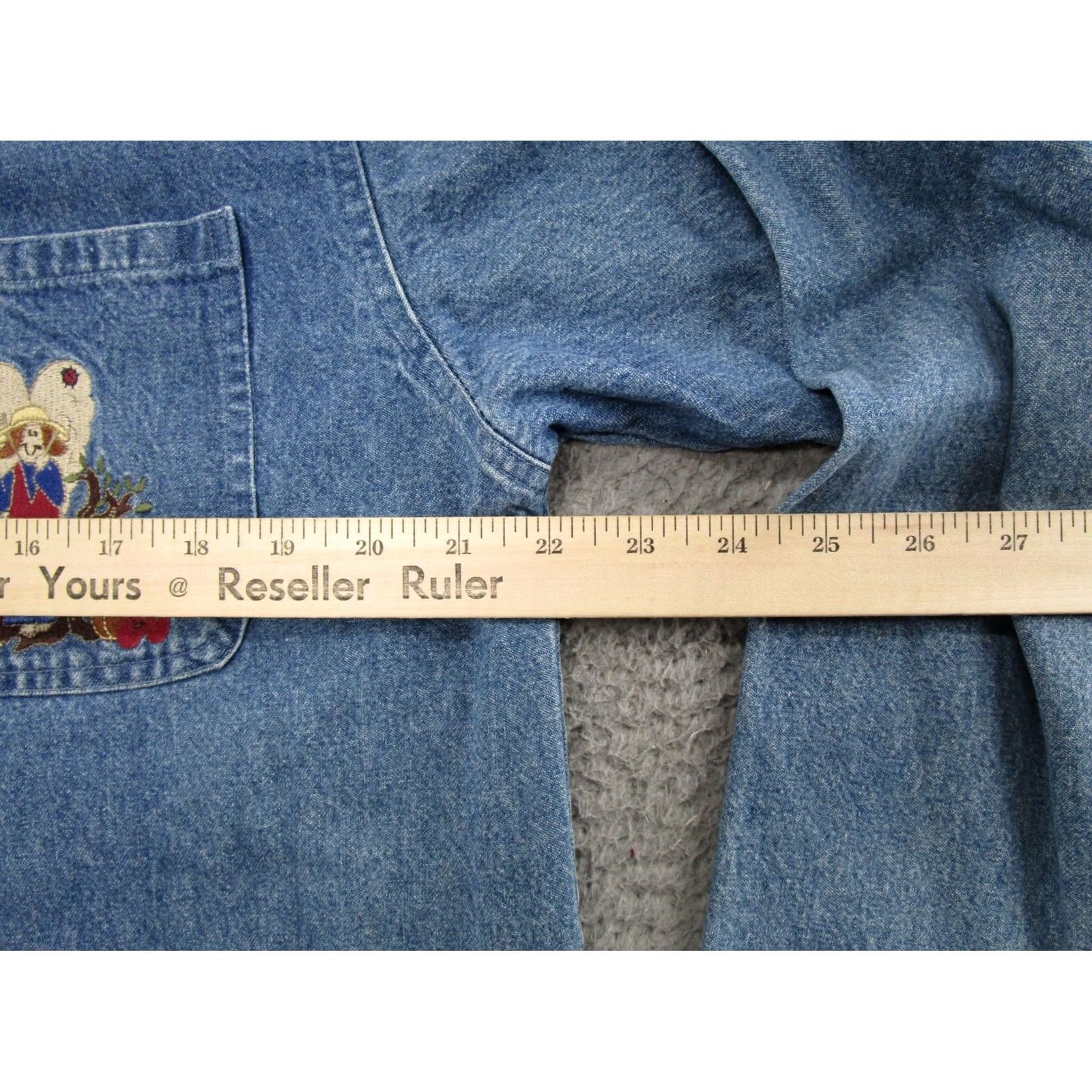 Vintage Christopher & Banks Women's Jacket Denim Blue Embroidered Angels 90s M Denim Jacket Mid-Length Button Cotton Lining Pockets Collared Regular Womens Size 32" / US 10 / IT 46 - 6 Thumbnail