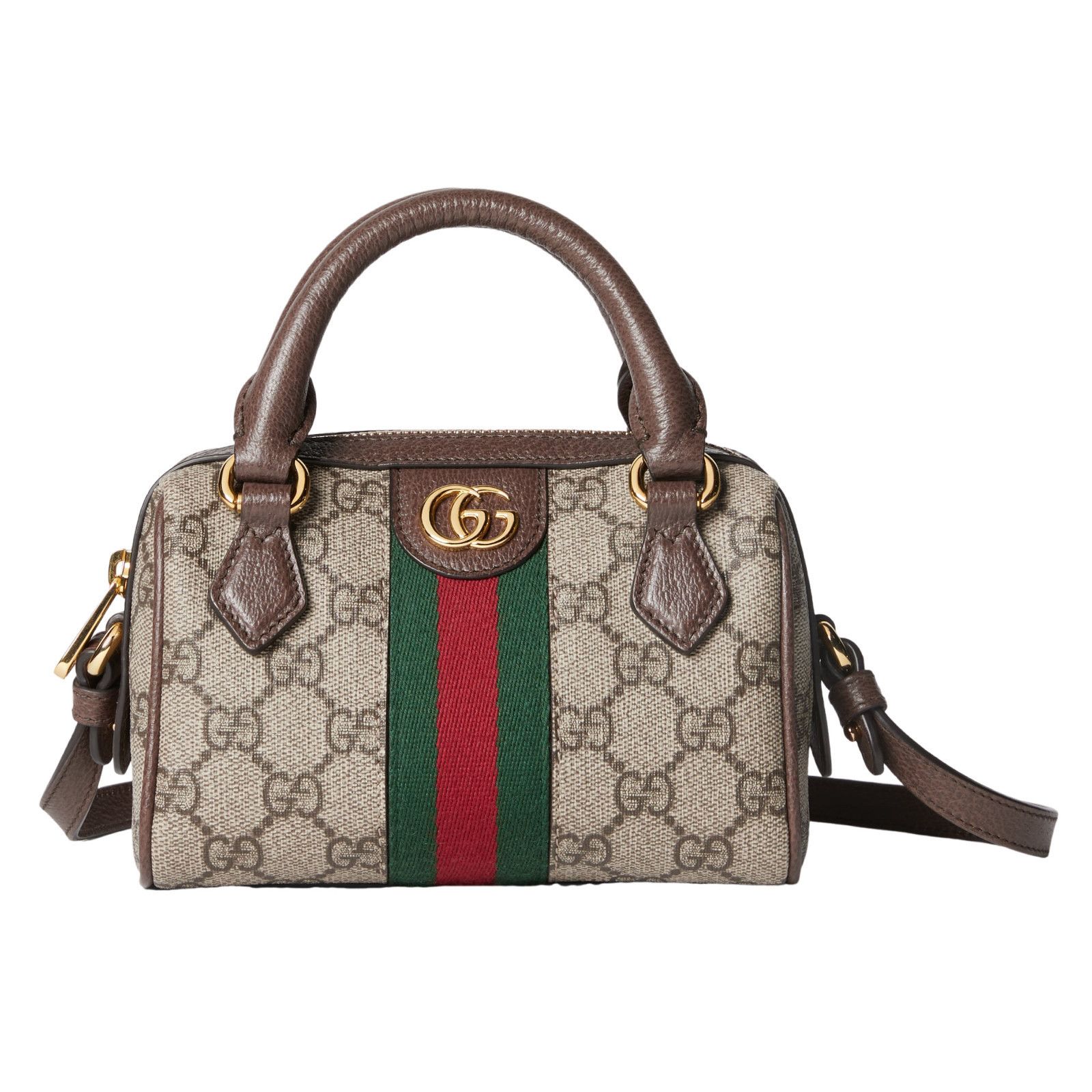 GUCCI Ophidia Mini Boston $1560 Beige/Ebony GG Canvas Top Ha