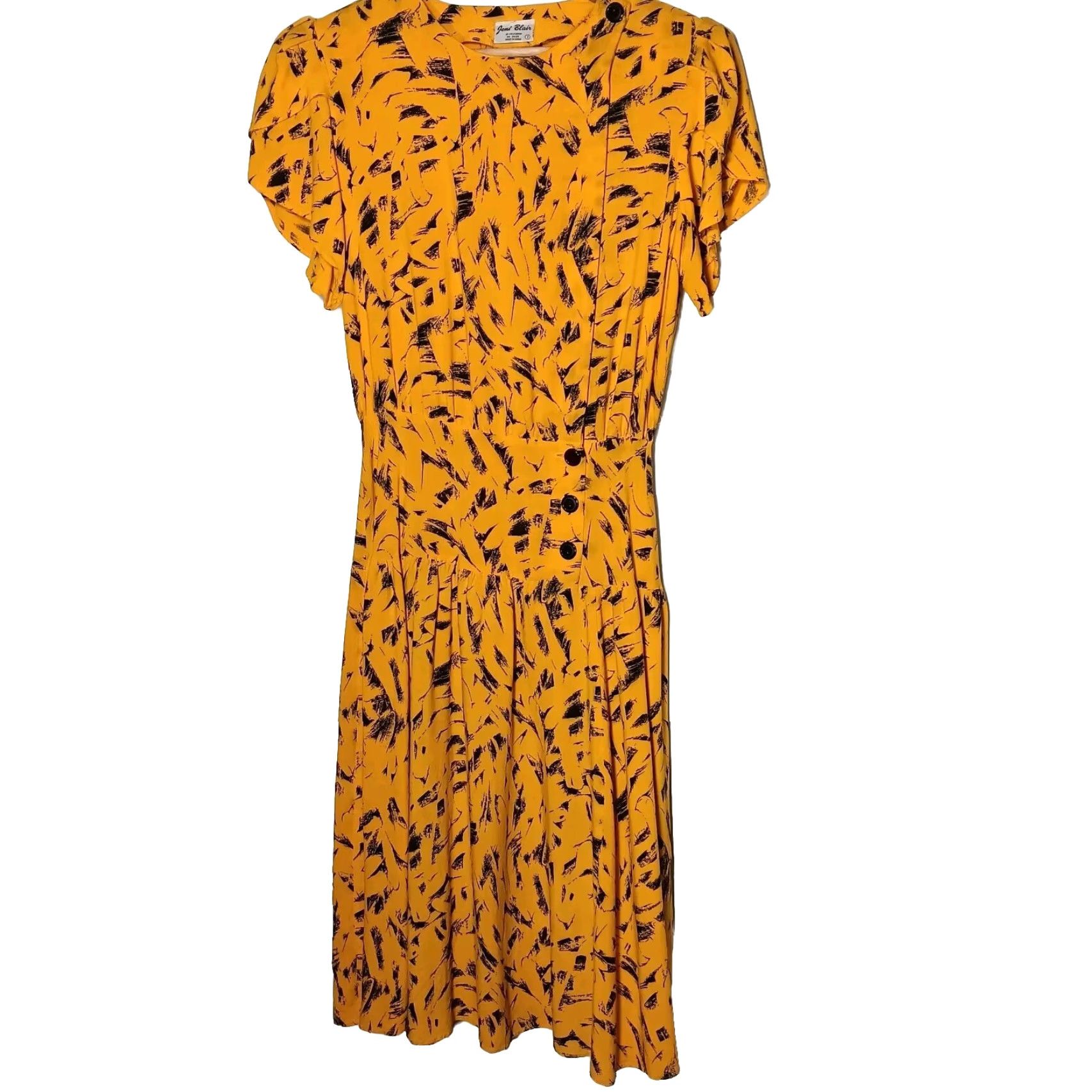 Blair VINTAGE 1980s Joni Blair Dress Abstract Gold Black Drop Waist Button Size 7 Womens Size M / US 6-8 / IT 42-44 - 2 Thumbnail