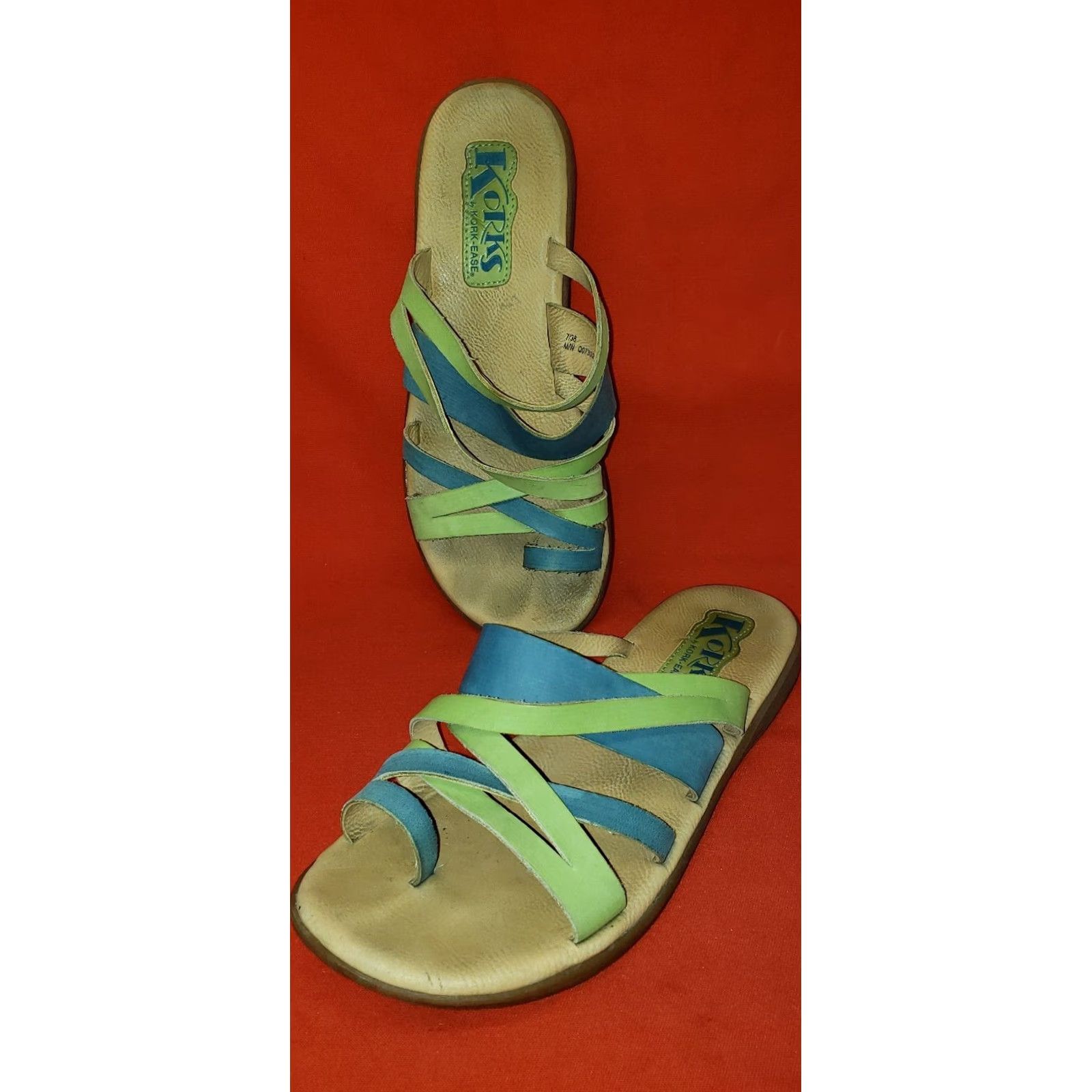 Vintage Korks Women's Strappy Slide Toe Ring Sandals Size 7M Green & Blue Leather Cushioned Insole Casual Shoes Womens Size US 7 / IT 37 - 2 Thumbnail