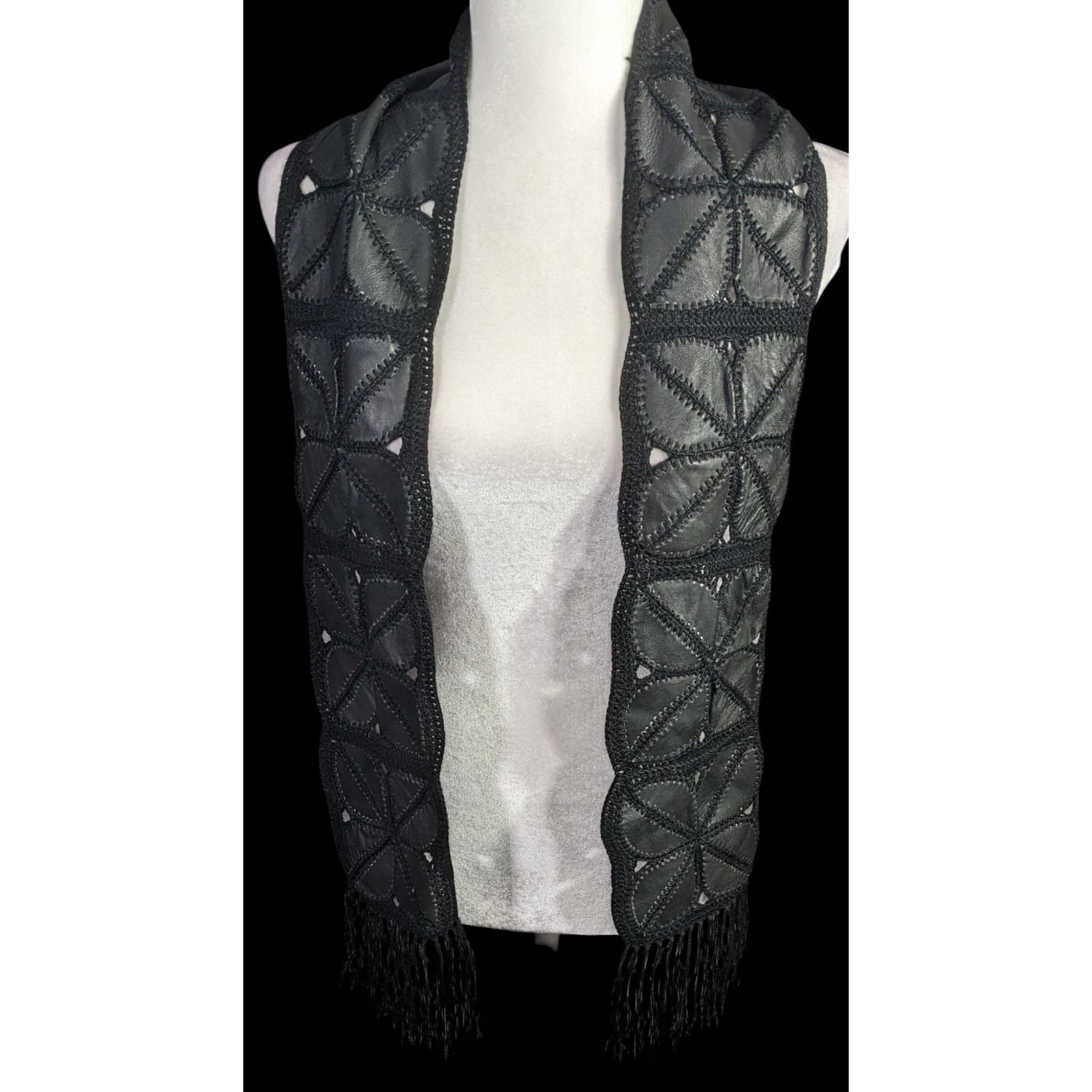 Other Vintage Bohemian Leather & Crochet Patchwork Scarf With Frin Size ONE SIZE - 4 Thumbnail