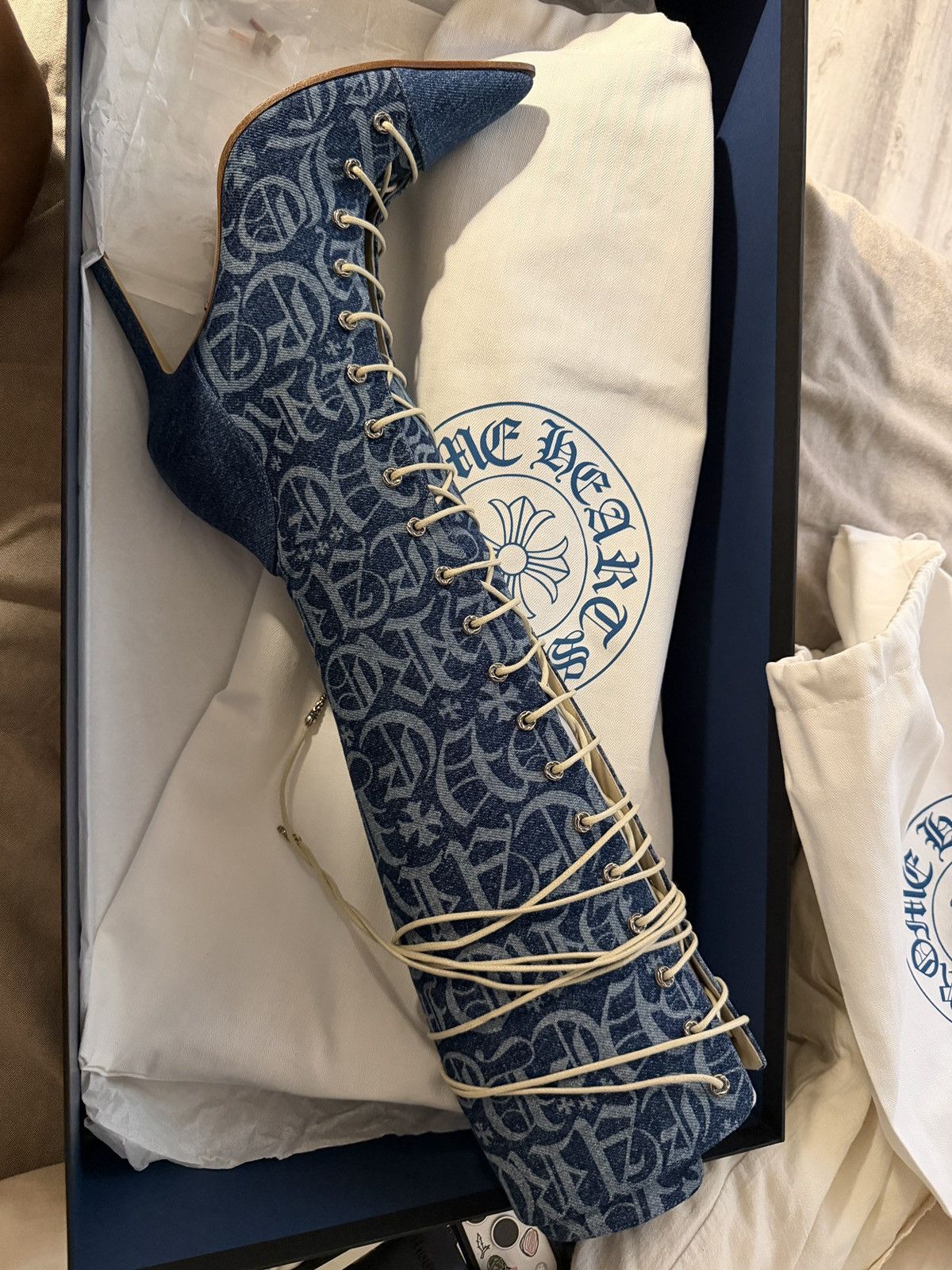 Chrome Hearts RARE！Chrome hearts Denim Monogram Lace Up Knee Boots Size US 7 / IT 37 - 2 Thumbnail