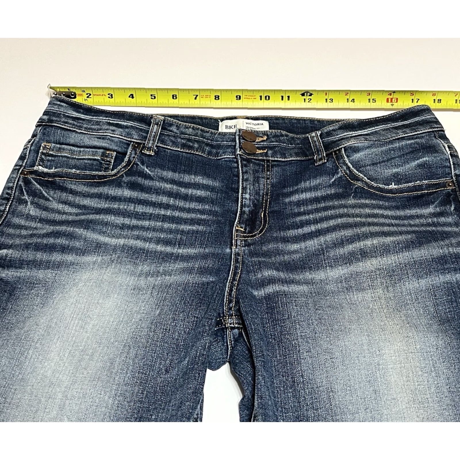 BKE BKE Victoria Straight Jeans Womens Tag 32x32 35x32 Blue Mid Rise Stretch Denim Distressed Pockets Zip Button Size 24" / US 00 / IT 34 - 3 Thumbnail