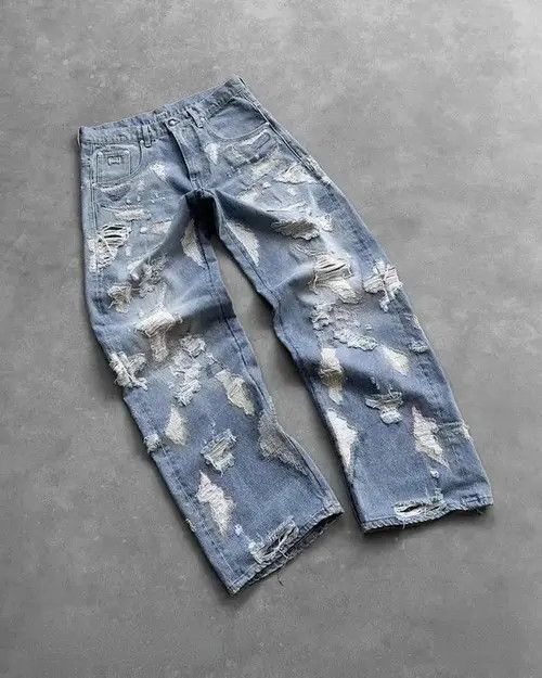 Designer × Japanese Brand × Jean Vintage Ripped Straight Baggy Jeans Size US 29 - 2 Thumbnail