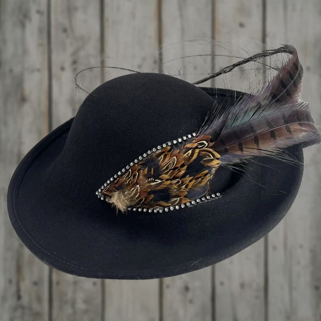 FELT VINTAGE Bollman Exccello Kentucky Derby Wool Felt Black Hat Rhinestone Feather Hat Ladies Mens Size ONE SIZE - 1 Thumbnail