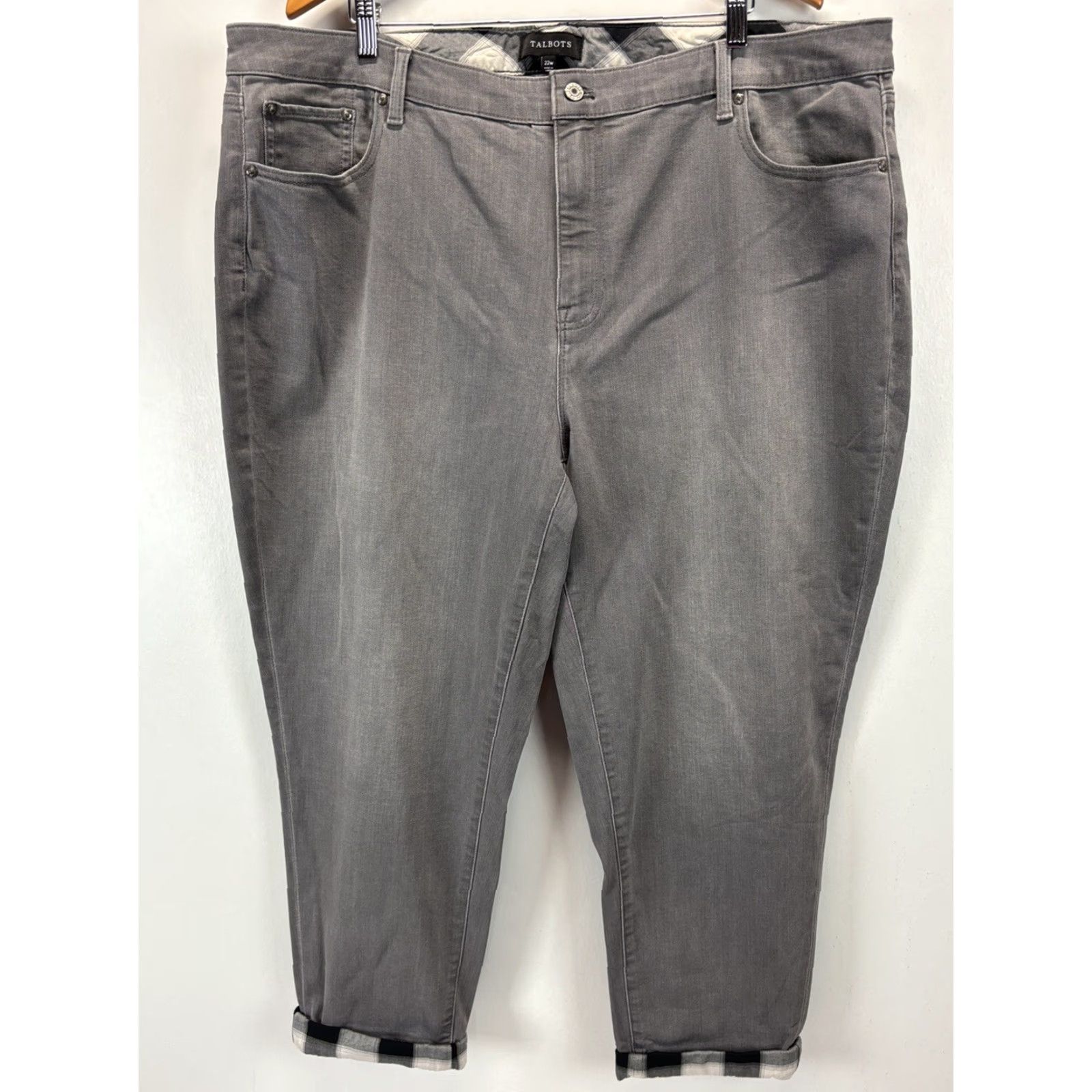 Talbots Talbots Jeans 22W Plus Grey Buffalo Check Contrast Cuff Denim Straight Women's Jeans Size 40" / US 18 - 2 Thumbnail