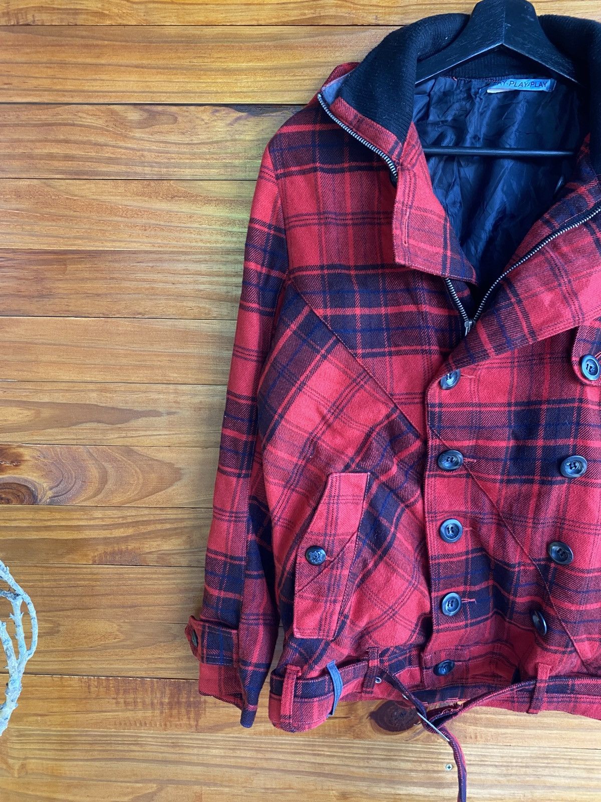 Japanese Brand Vintage 90s Play-Play-Play Red Black Plaid Wool Biker Jacket Size US M / EU 48-50 / 2 - 9 Thumbnail