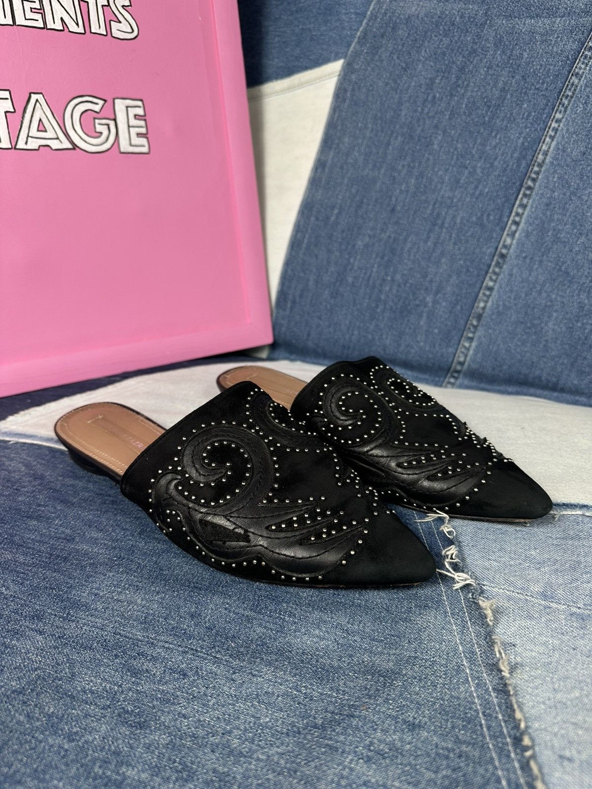 Bcbgmaxazria BCBGMAXAZRIA Nola Mules Suede Leather Black Flat Size US 8.5 / IT 38.5 - 2 Thumbnail