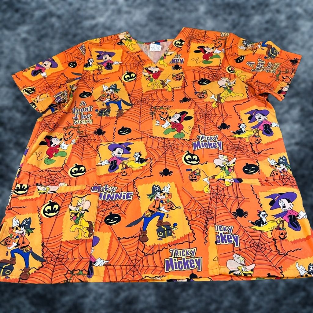 Disney VINTAGE Disney Halloween Scrub Top Tricky Mickey Mouse Shirt Orange Adult Large Size US L / EU 52-54 / 3 - 1 Thumbnail