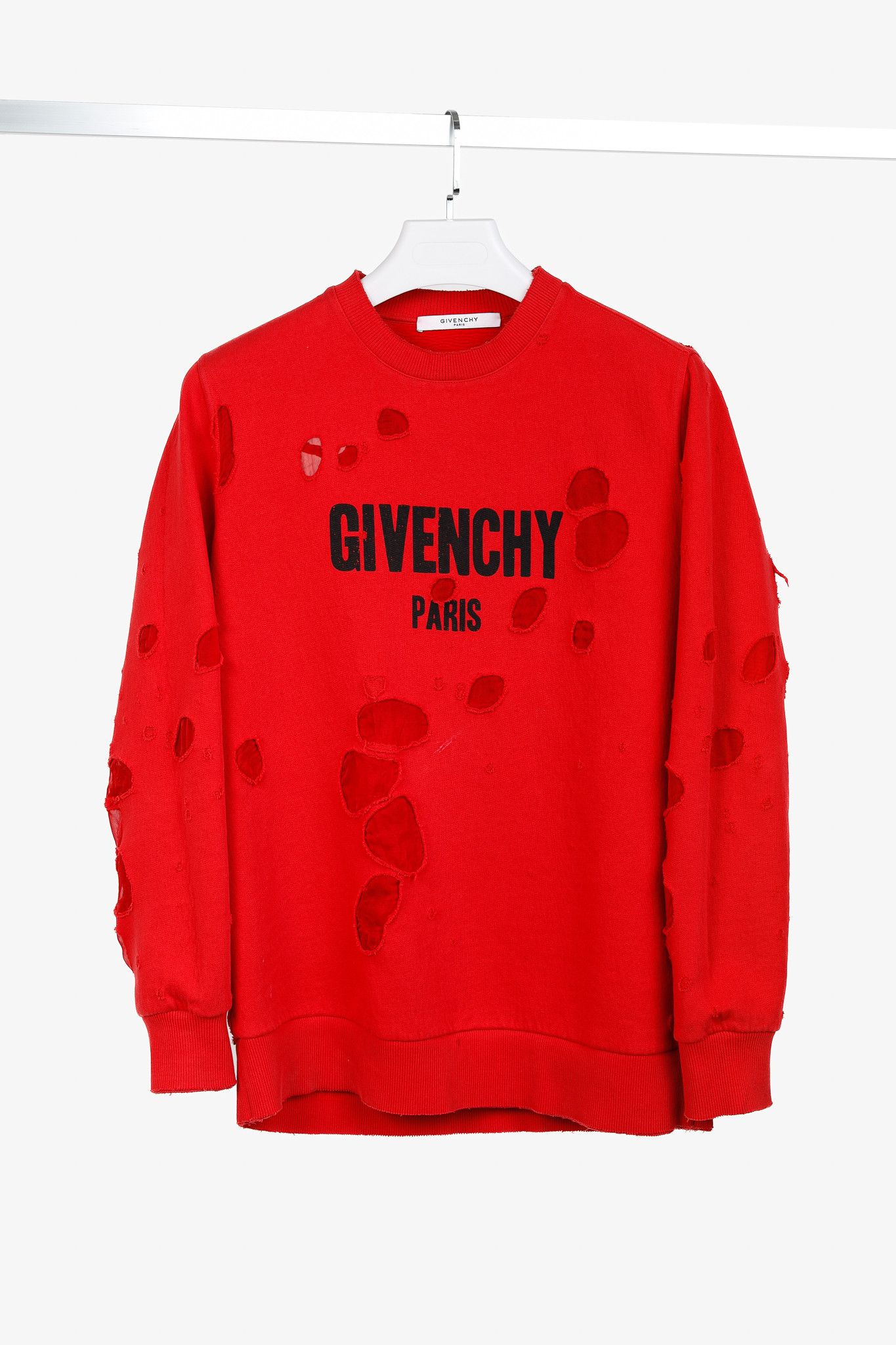 Givenchy Givenchy AW/17 Red Distressed Logo-Print Crewneck Sweatshirt Size US S / EU 44-46 / 1 - 1 Thumbnail