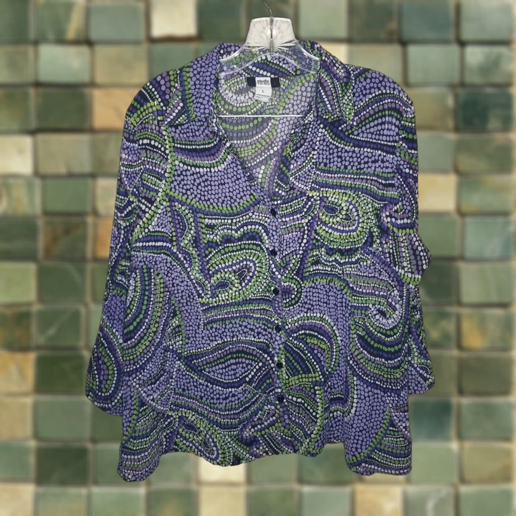 Vintage STUDIO 1940 Women's Long Sleeve Blouse Size L Purple Green Size L / US 10 / IT 46 - 1 Thumbnail